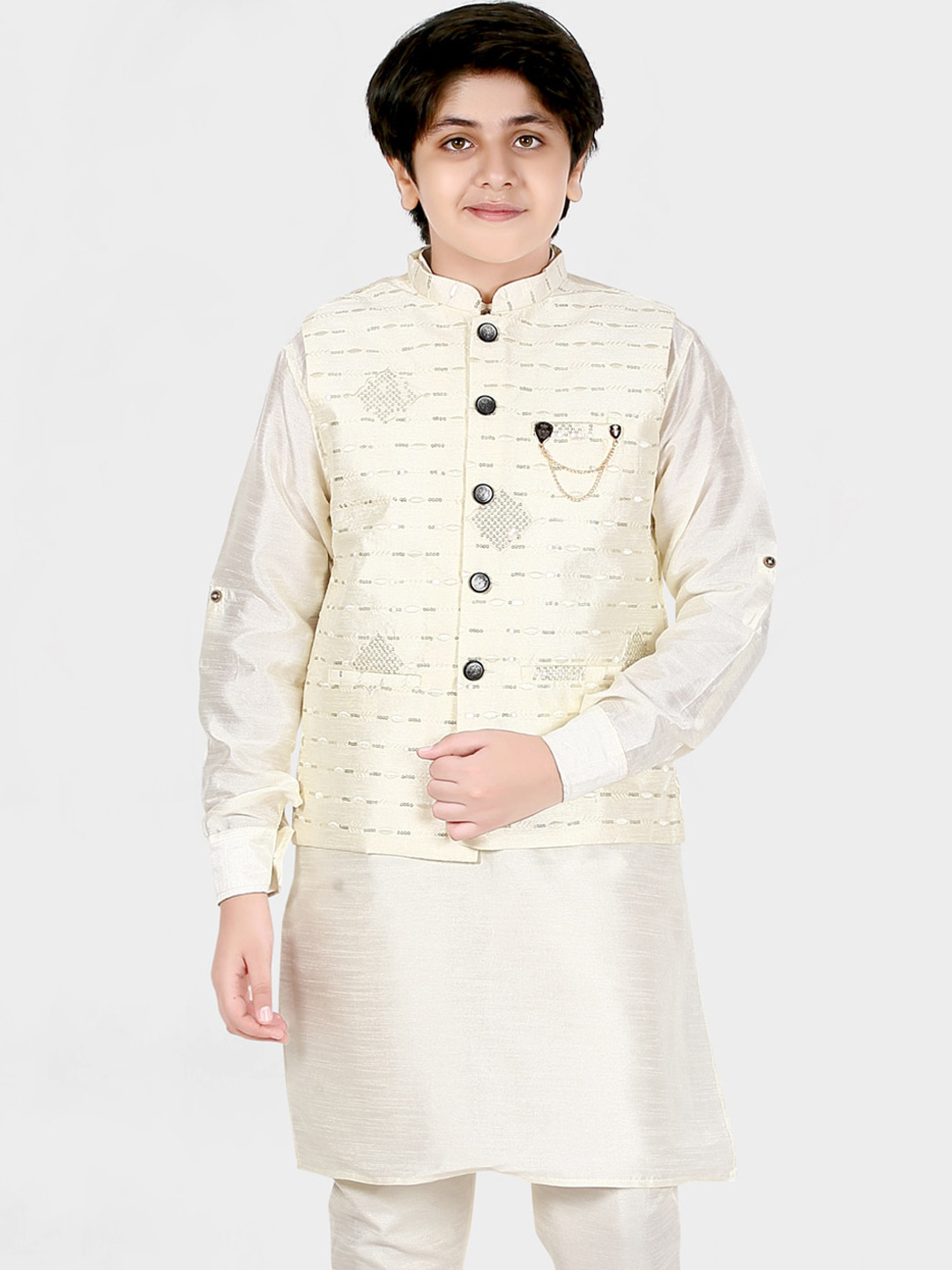 CAVIO Boys Cream-Coloured Layered Thread Work Kurti with Pyjamas