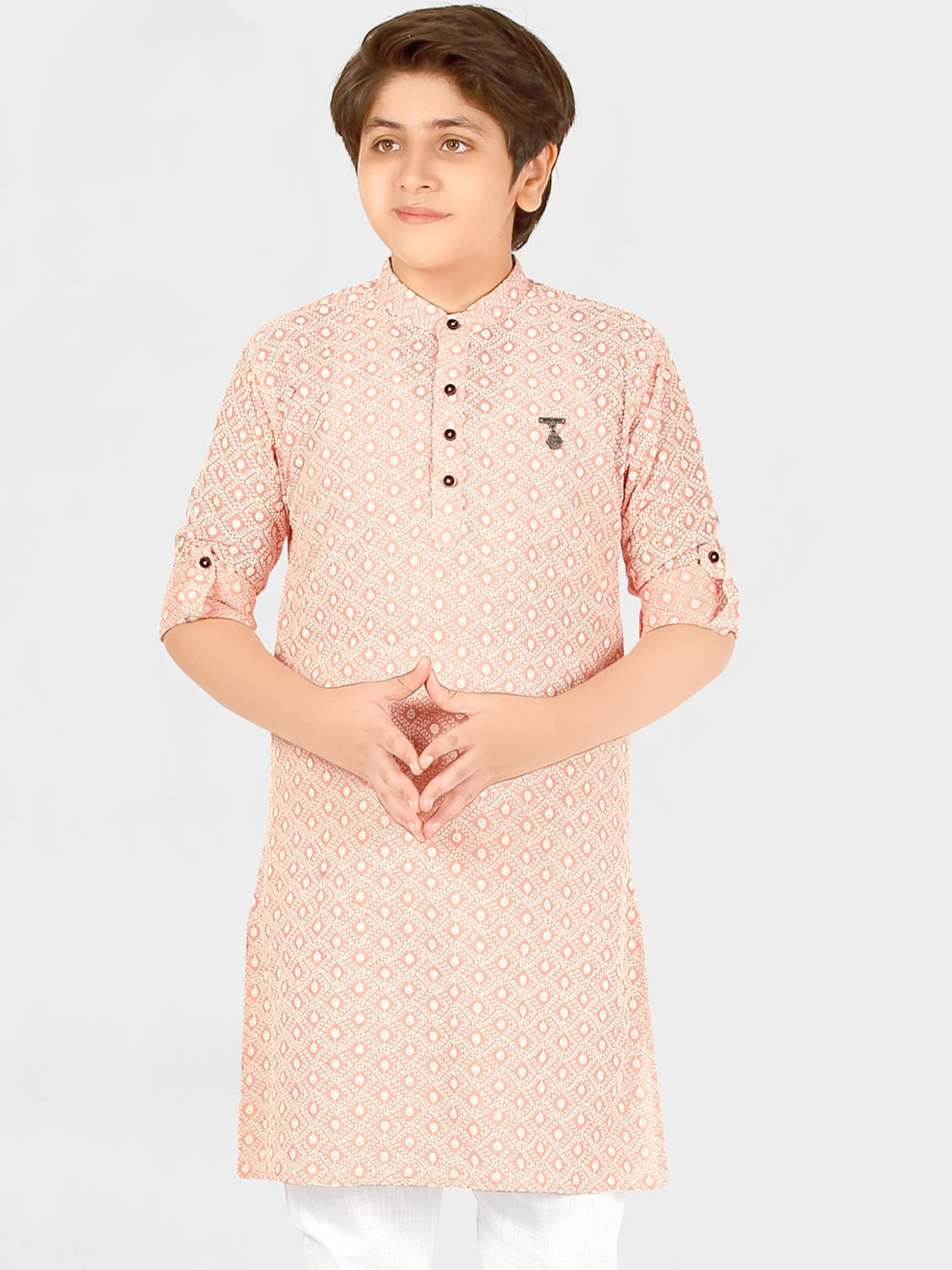 CAVIO Boys Pink & White Embroidered Thread Work Kurta with Pyjamas