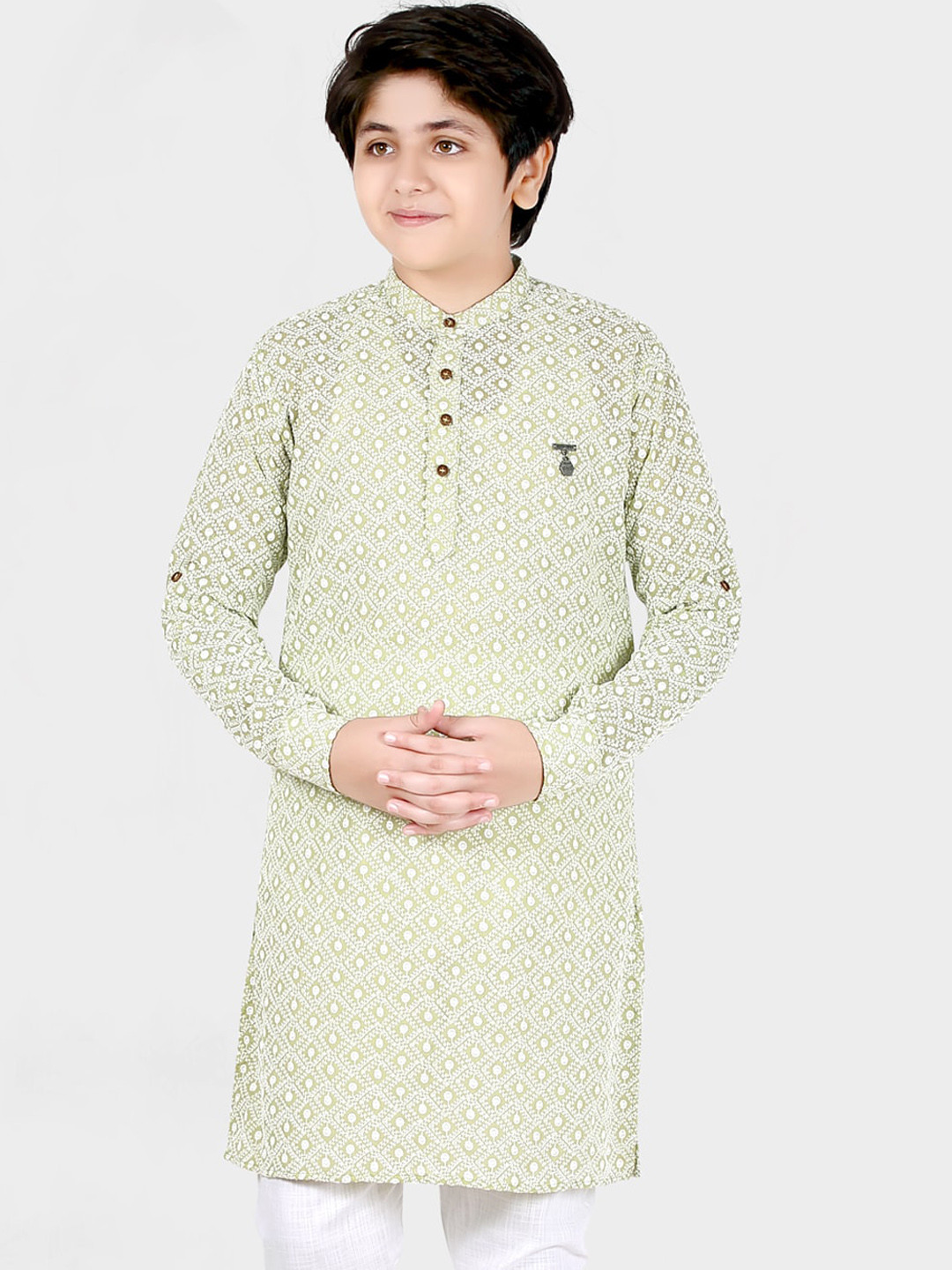 CAVIO Boys Green Floral Embroidered Chikankari Kurta with Pyjamas