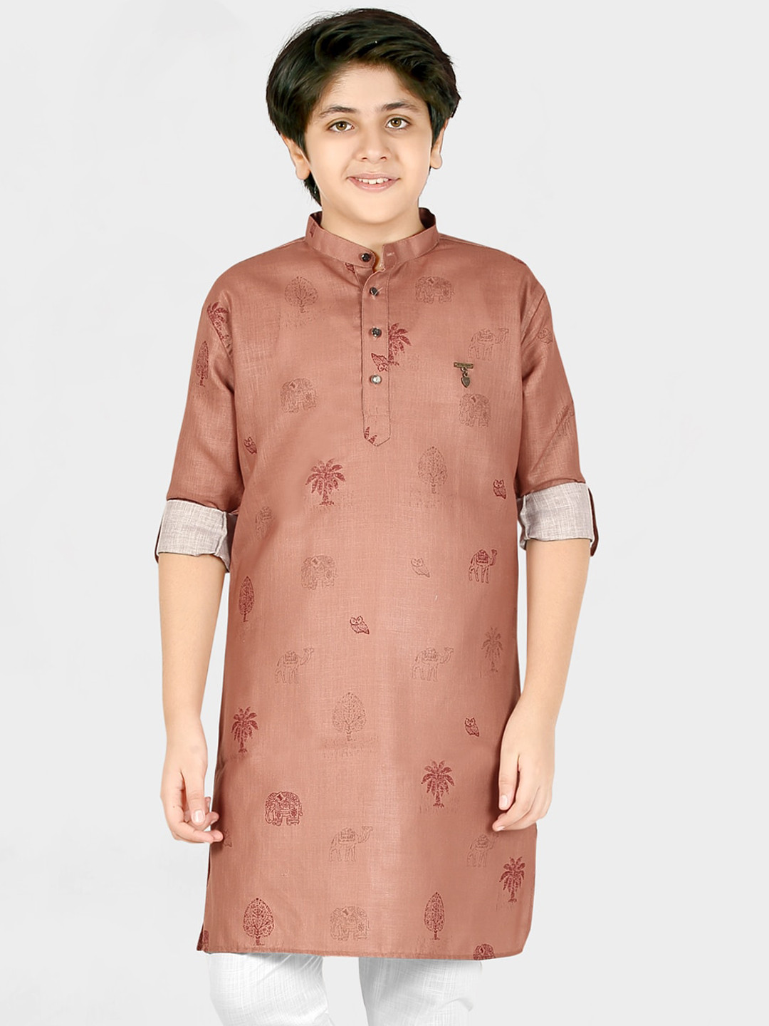 CAVIO Boys Tan Printed Kurta with Pyjamas