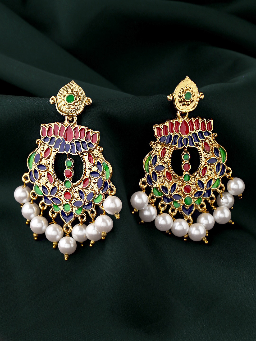 Yellow Chimes Green Gold Plated Meenakari Chandbali Earrings
