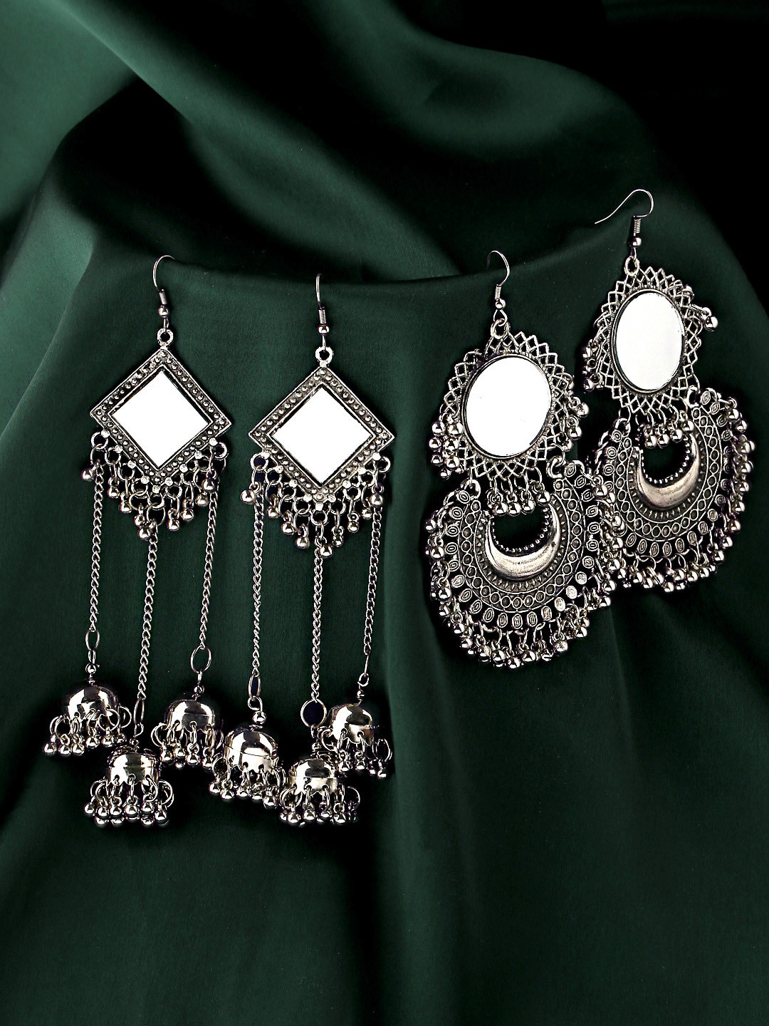 Yellow Chimes Set of 2 Silver Oxidised Mirror Work Dangler Earring