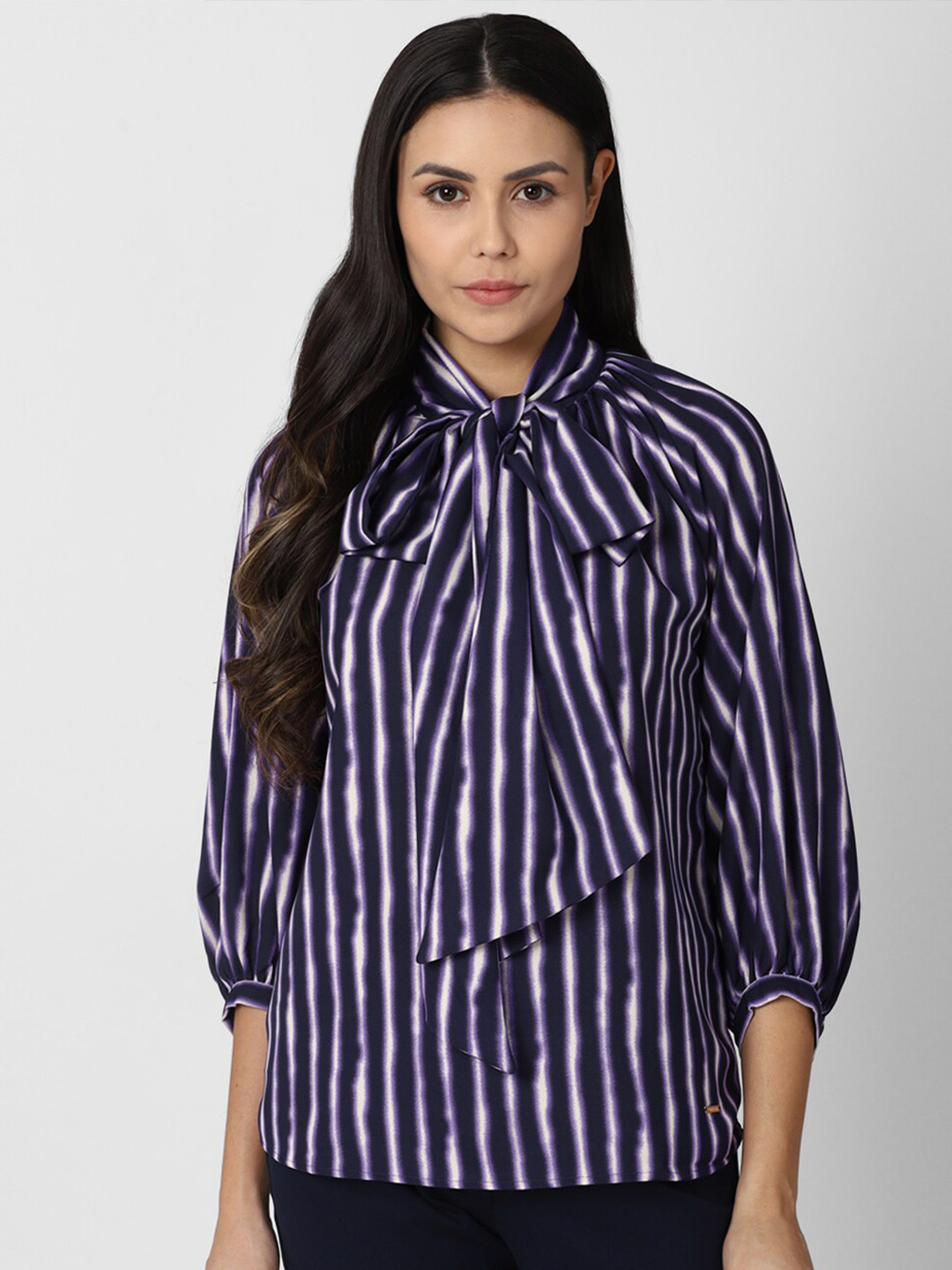 Van Heusen Woman Purple Striped Tie-Up Neck Top