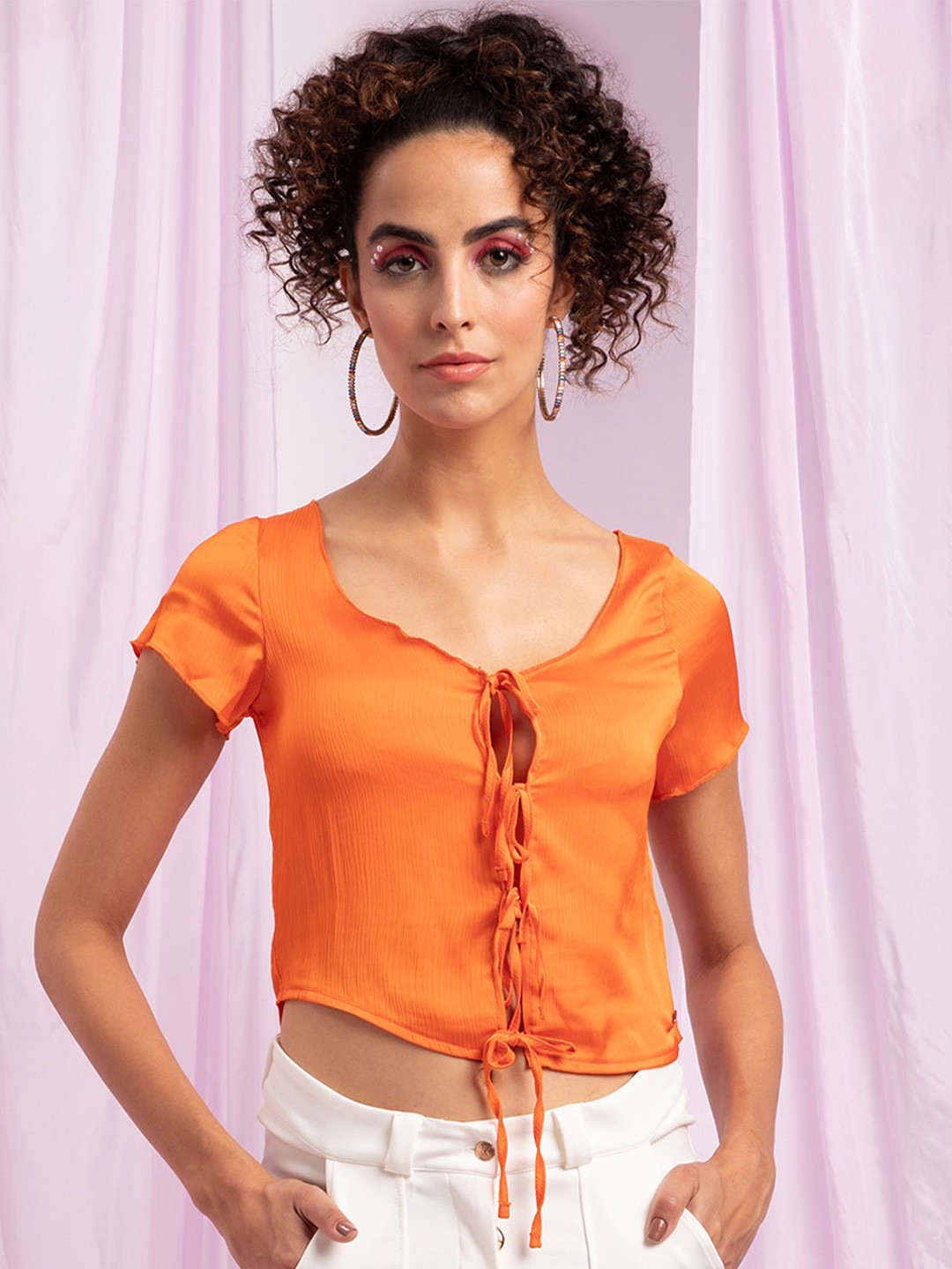 KENDALL & KYLIE Women Orange Tie-Up Neck Top