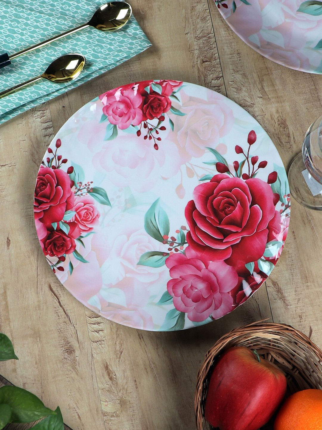 CDI White & Rose Set Of 6 Pieces Floral Printed Melamine Matte Plates