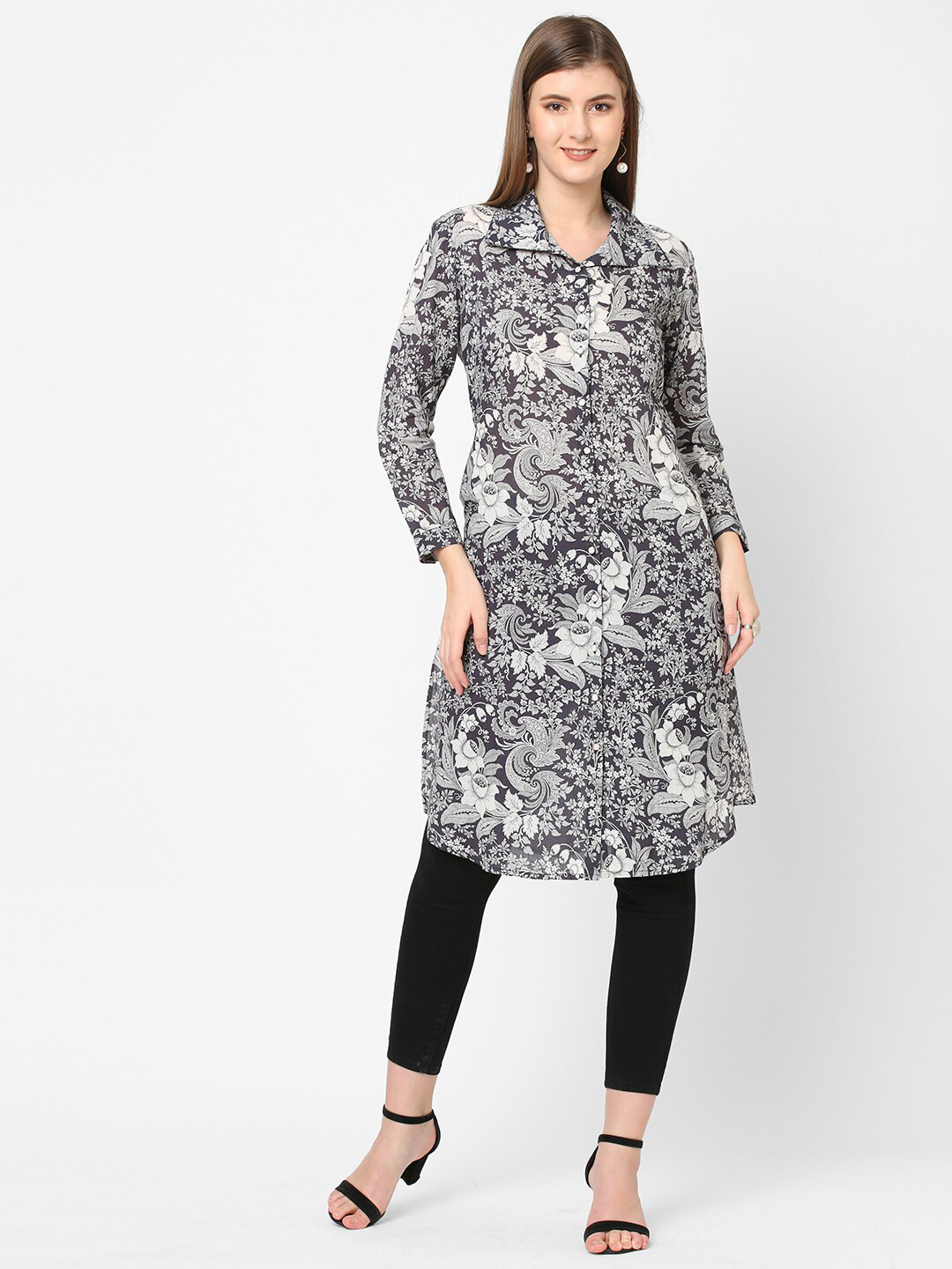 Cloth Haus India Women Navy Blue & White Floral Printed Kurta