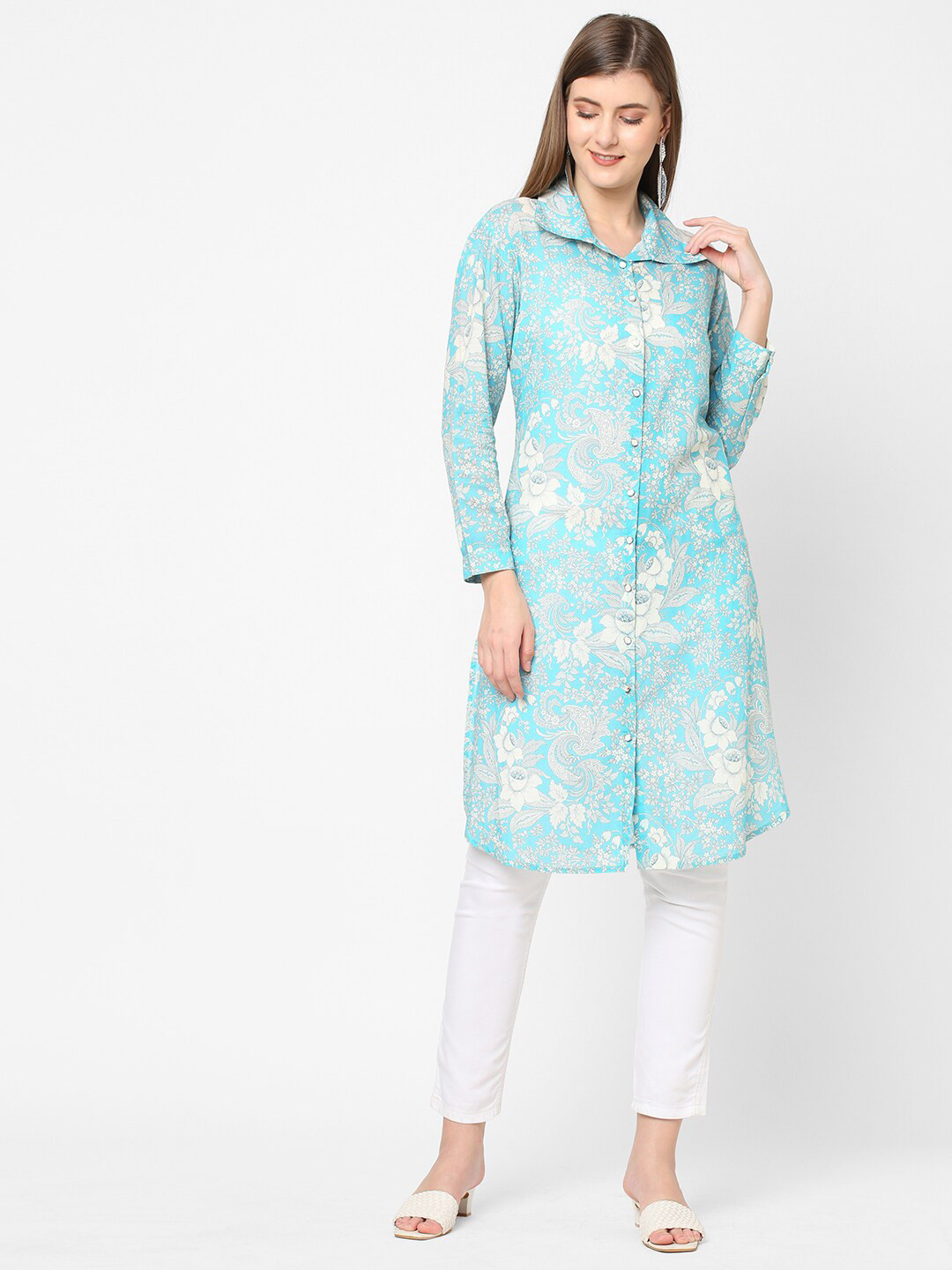 Cloth Haus India Blue Floral Printed Shirt Collar Modal Kurti