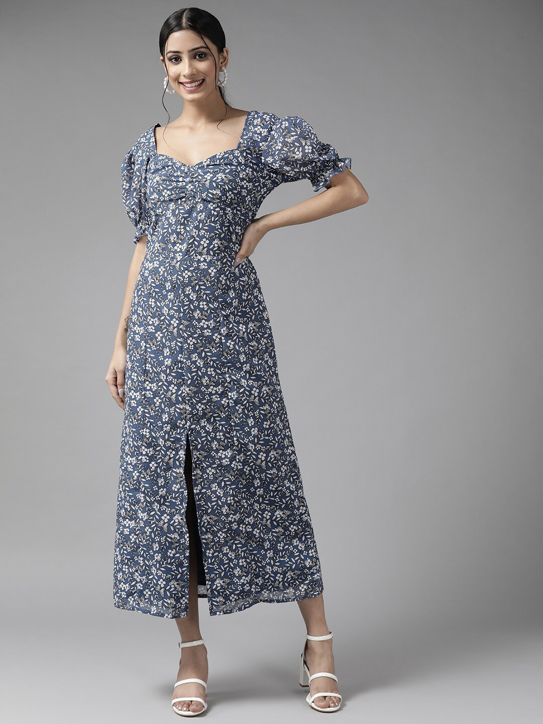PANIT Blue Floral Georgette Maxi Dress