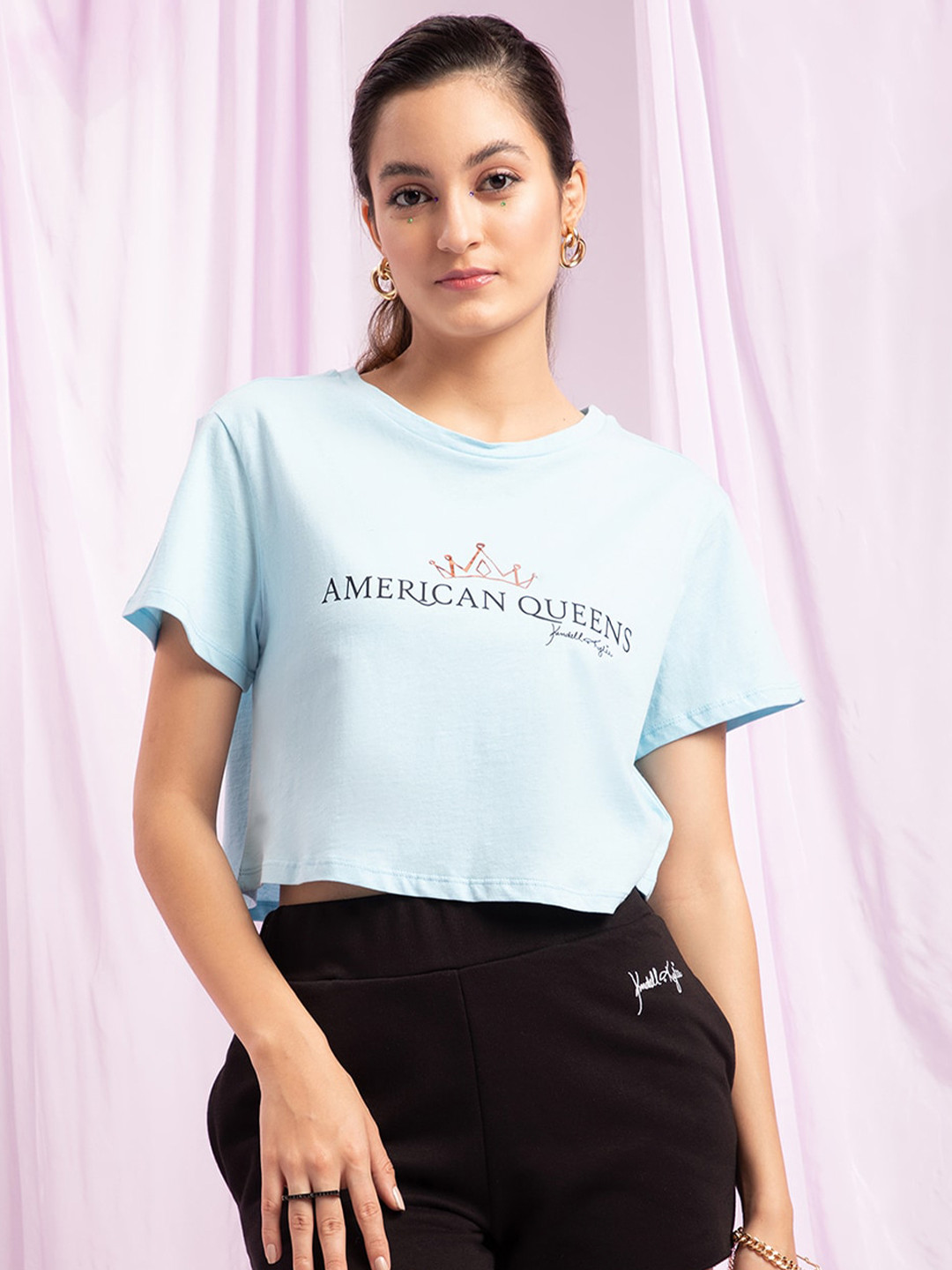 KENDALL & KYLIE Women Blue Typography Raw Edge Oversized  T-shirt