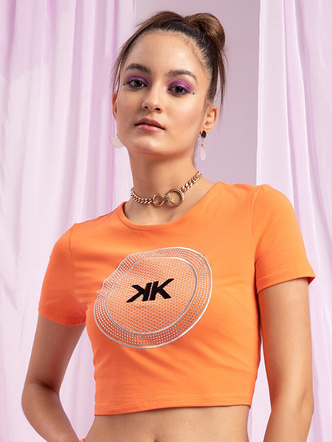KENDALL & KYLIE Women Mango Slim Fit Crop T-shirt