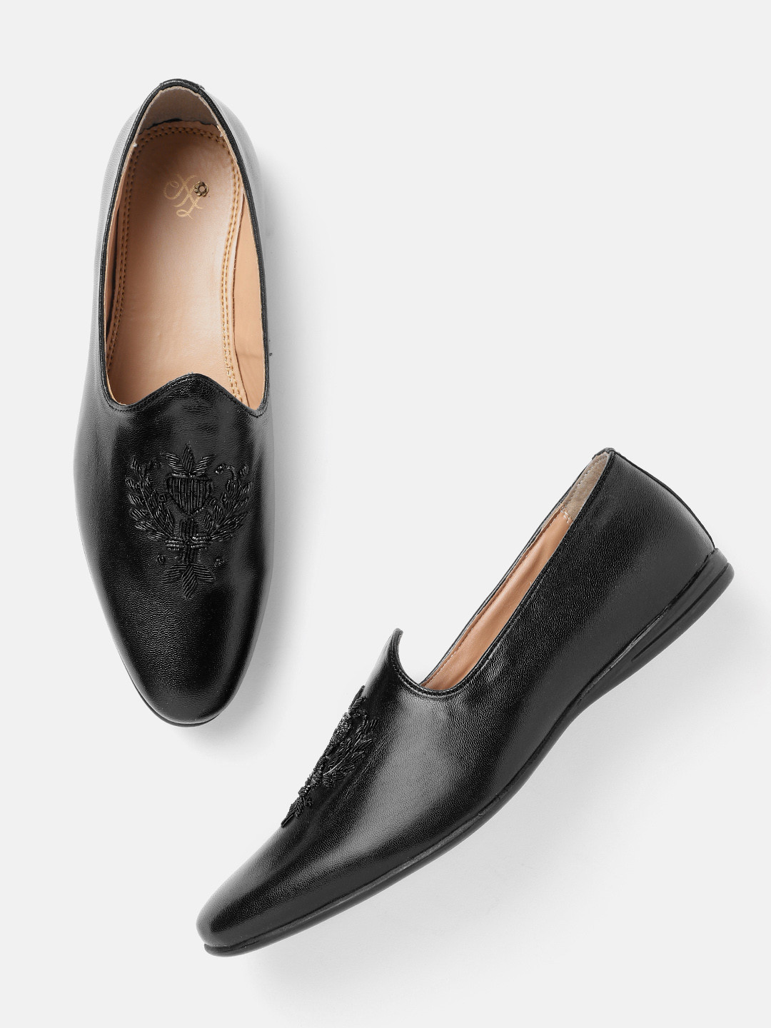 House of Pataudi Men Black Embellished Handcrafted Slip-Ons