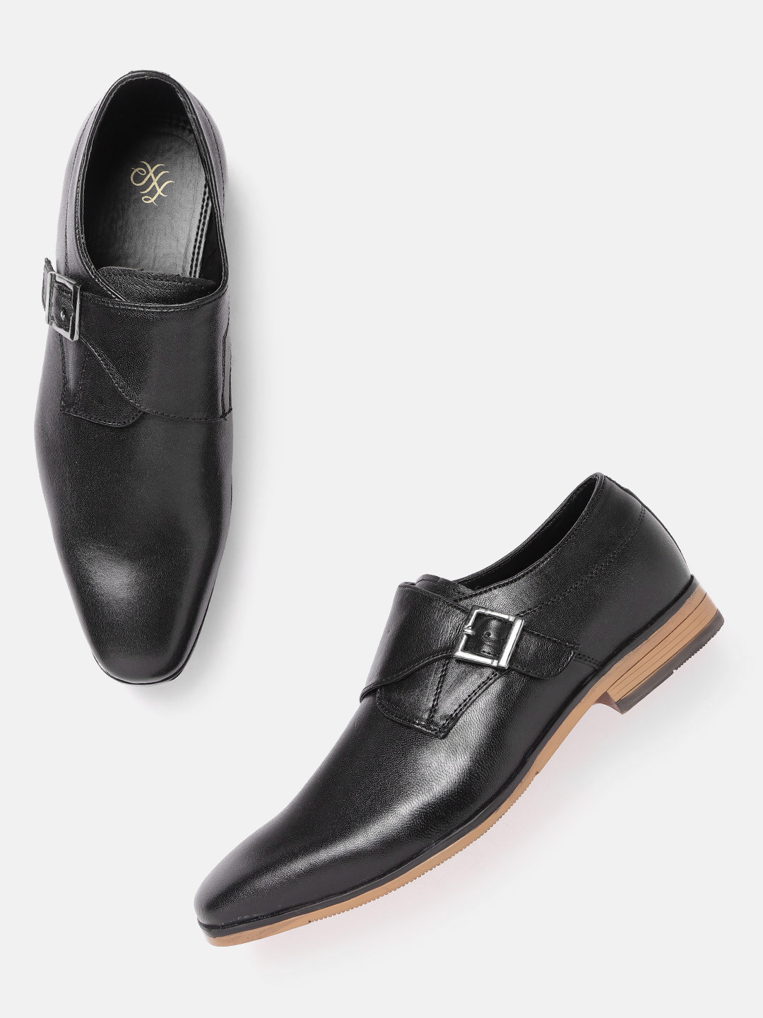 House of Pataudi Men Black Handcrafted Formal Monks