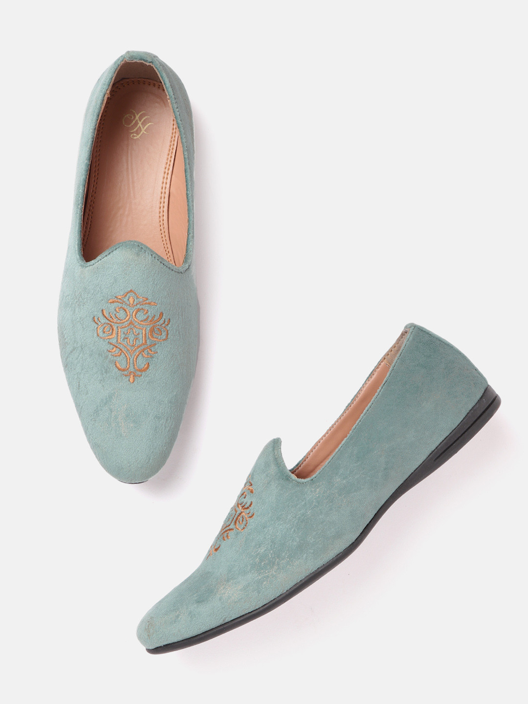 House of Pataudi Men Mint Green & Beige Embroidered Handcrafted Slip-Ons