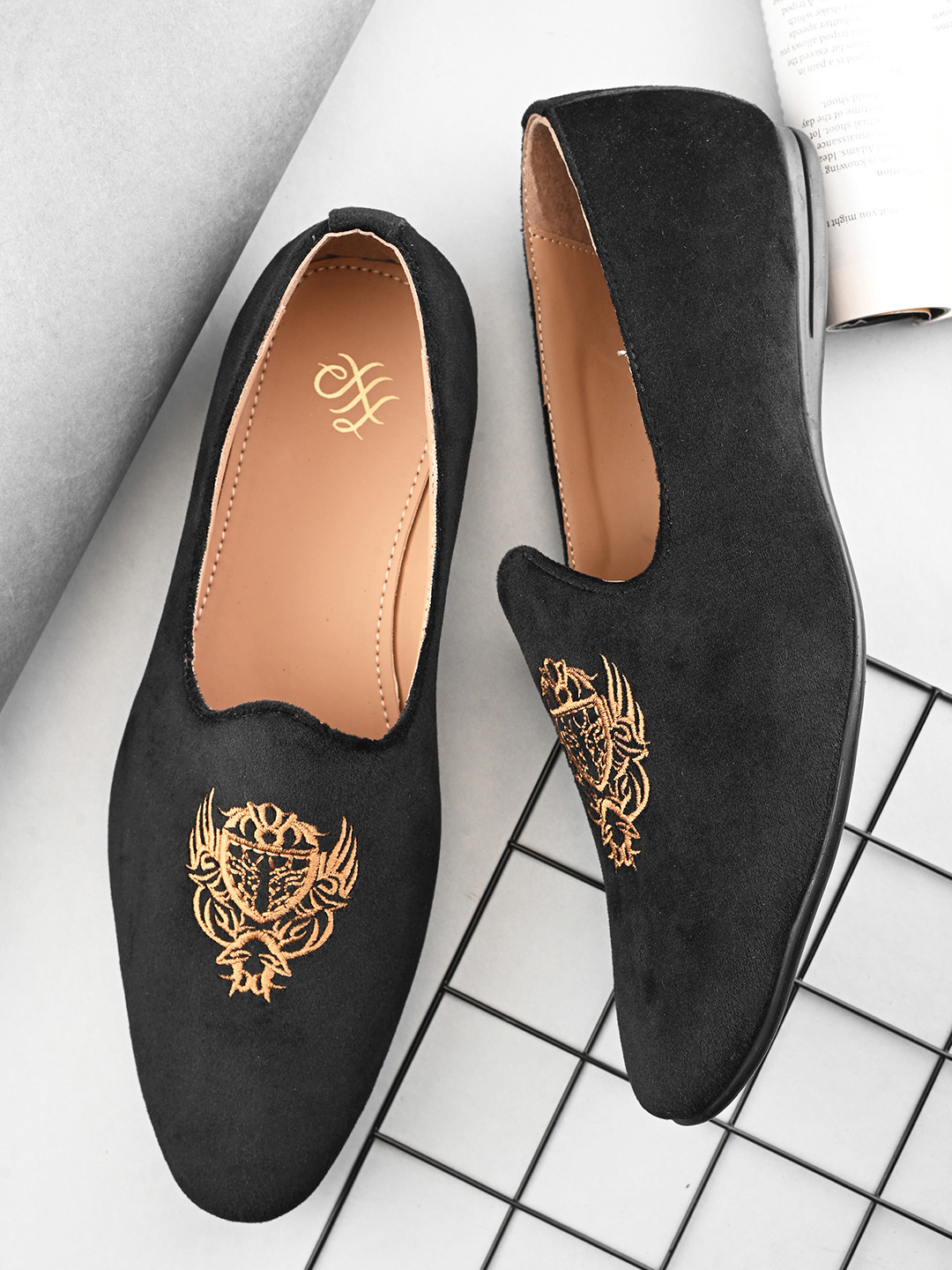 House of Pataudi Men Black & Beige Woven Design Handcrafted Slip-Ons