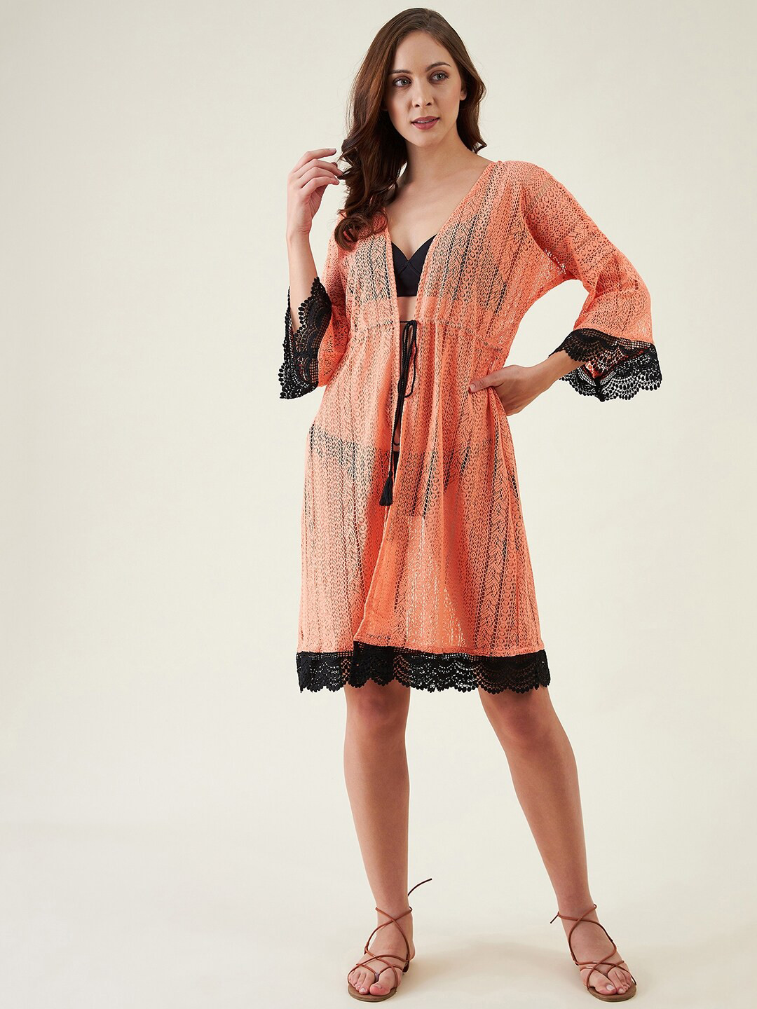 The Kaftan Company Women Peach & Black Lace Cover-Up Dress