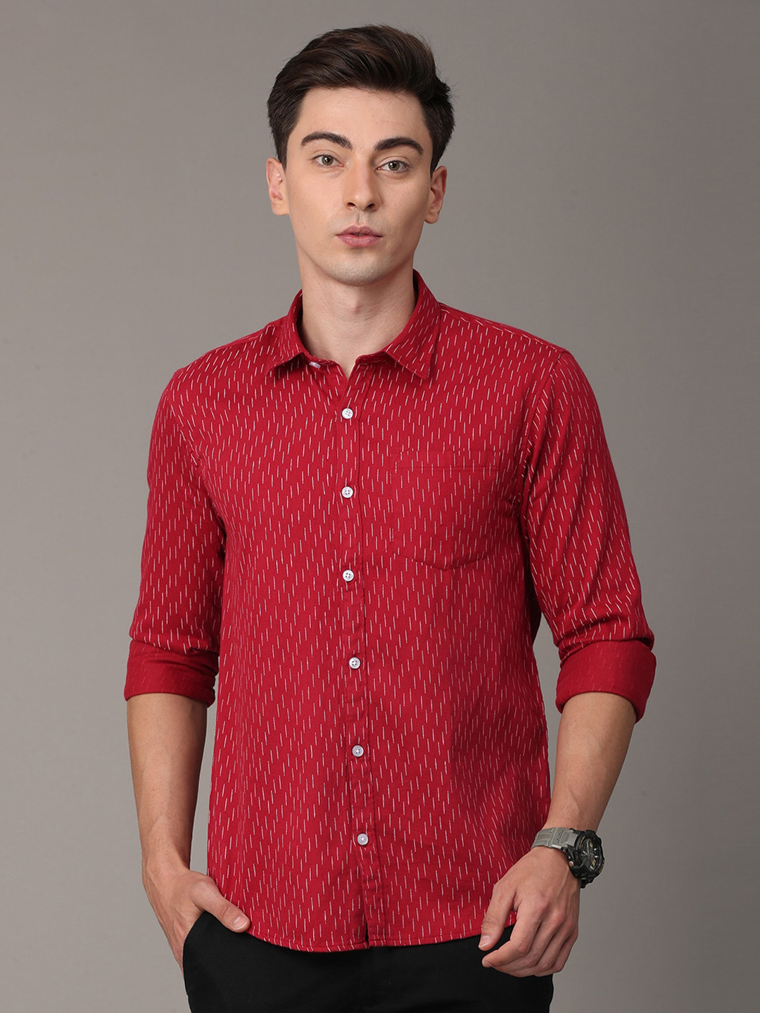 Huggun Men Red Premium Slim Fit Printed Casual Shirt