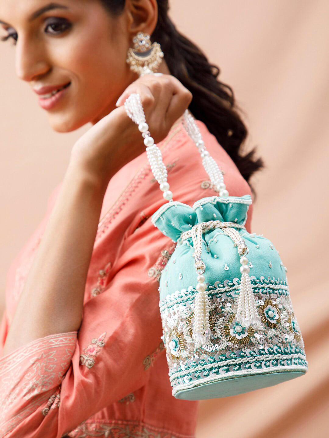 Rubans Turquoise Blue Embroidered Potli Clutch