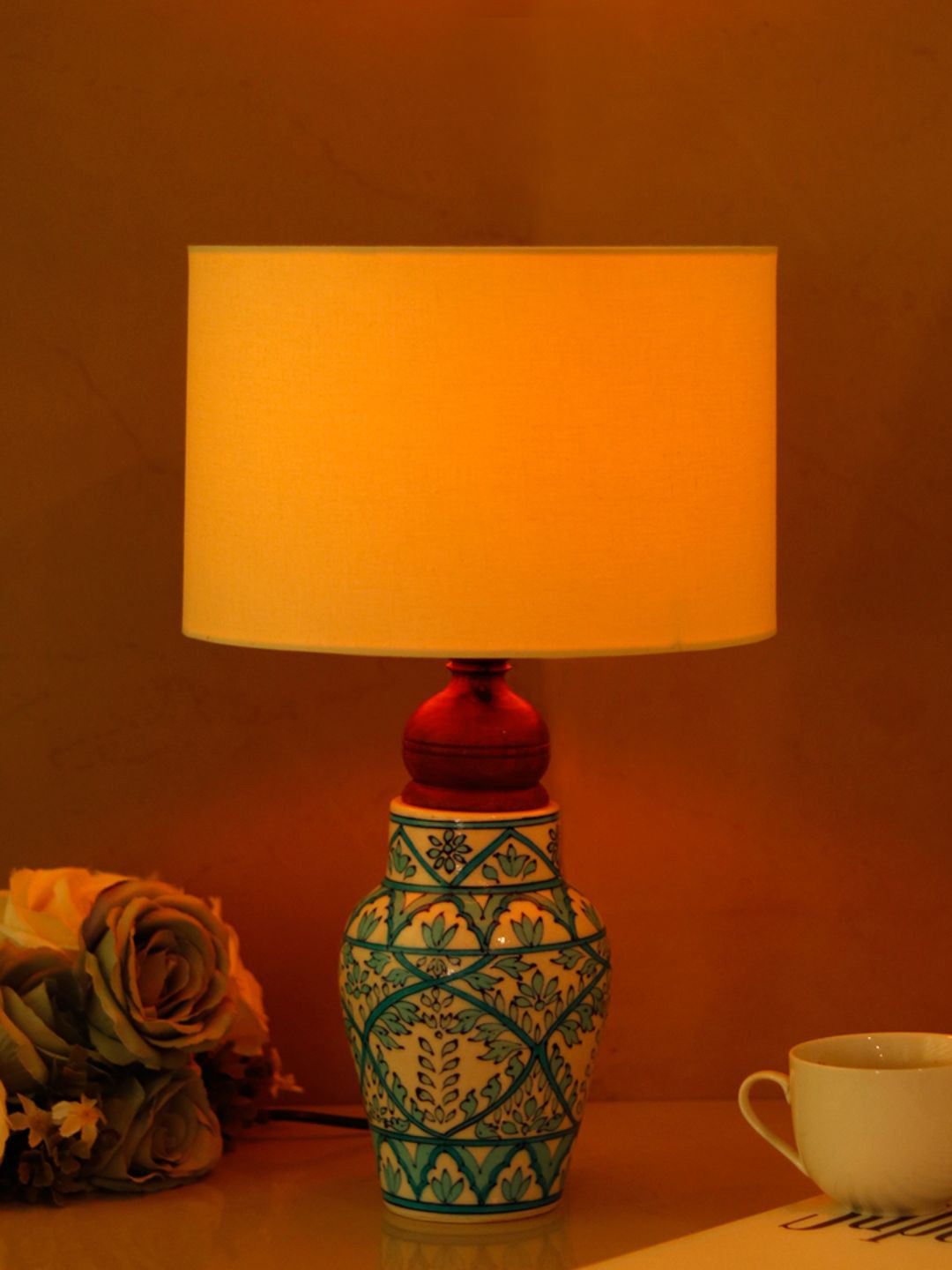 Unravel India Blue Pottery Mugal Art Matka Ceramic Decorative Table Lamp with Shade