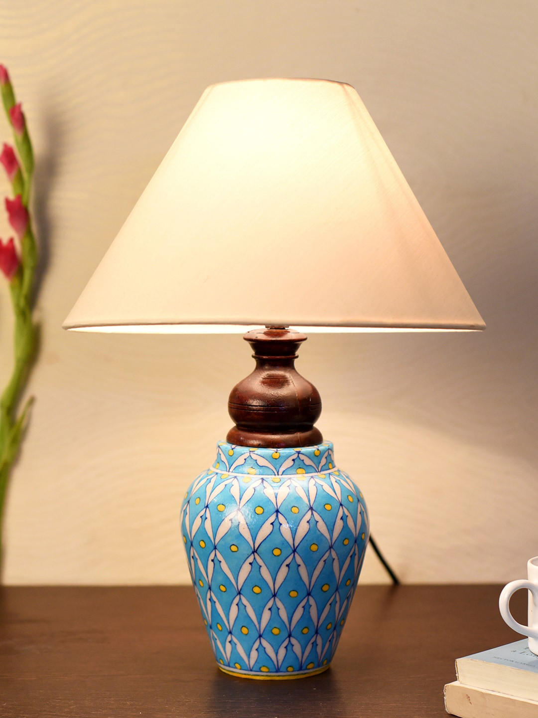 Unravel India Blue Ceramic Lamp with White Shade