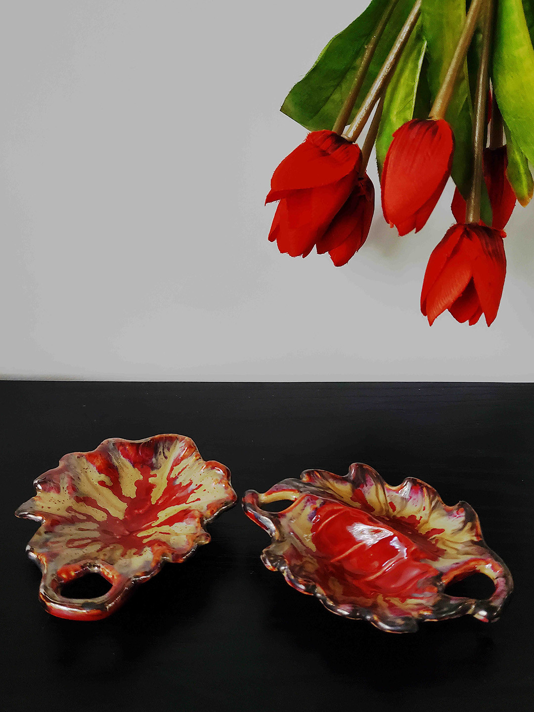 Folkstorys Set of 2 Red & Yellow Printed Handmade Hibiscus Stoneware Serving Dip