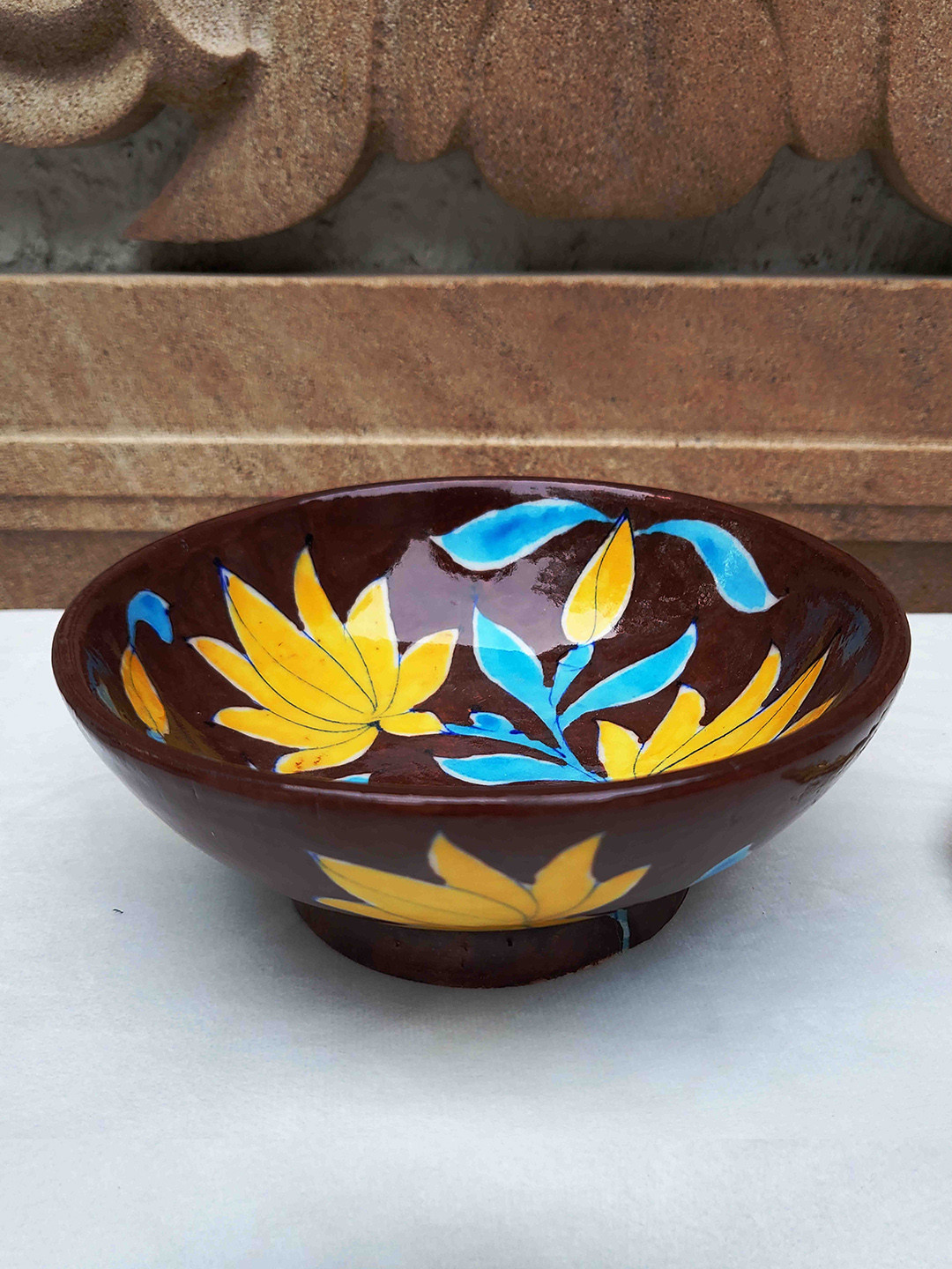 Folkstorys Brown & Yellow Printed Handmade Dharini Blue pottery Serving Bowl