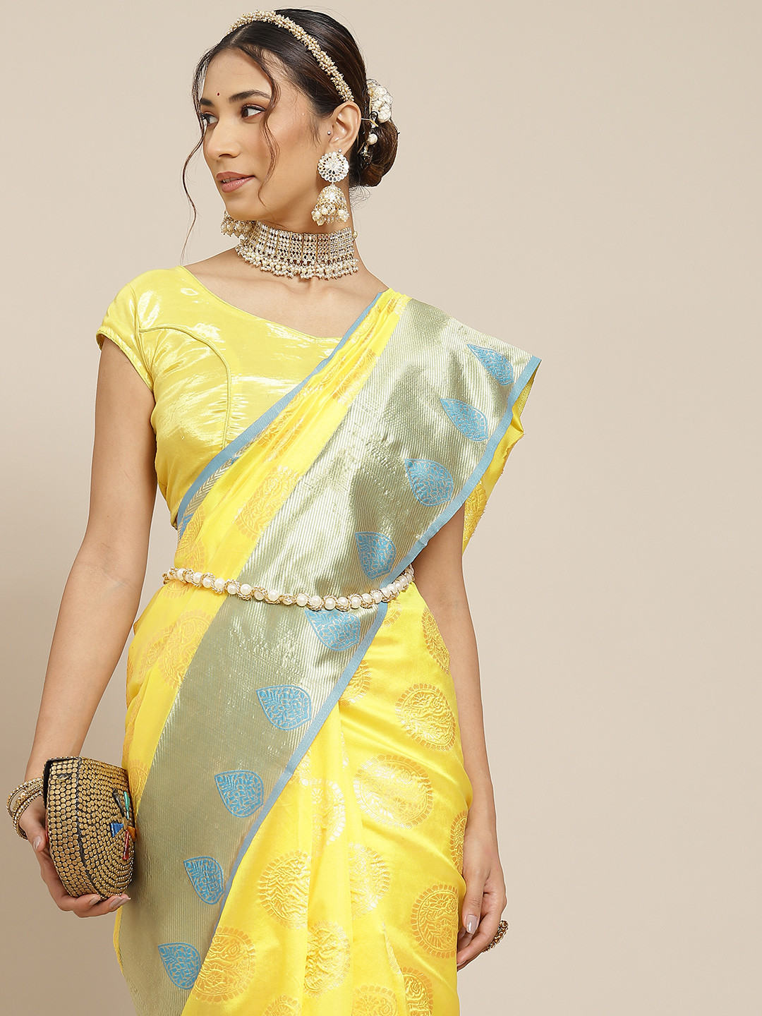 Warthy Ent Yellow & Blue Ethnic Motifs Zari Silk Blend Kanjeevaram Saree