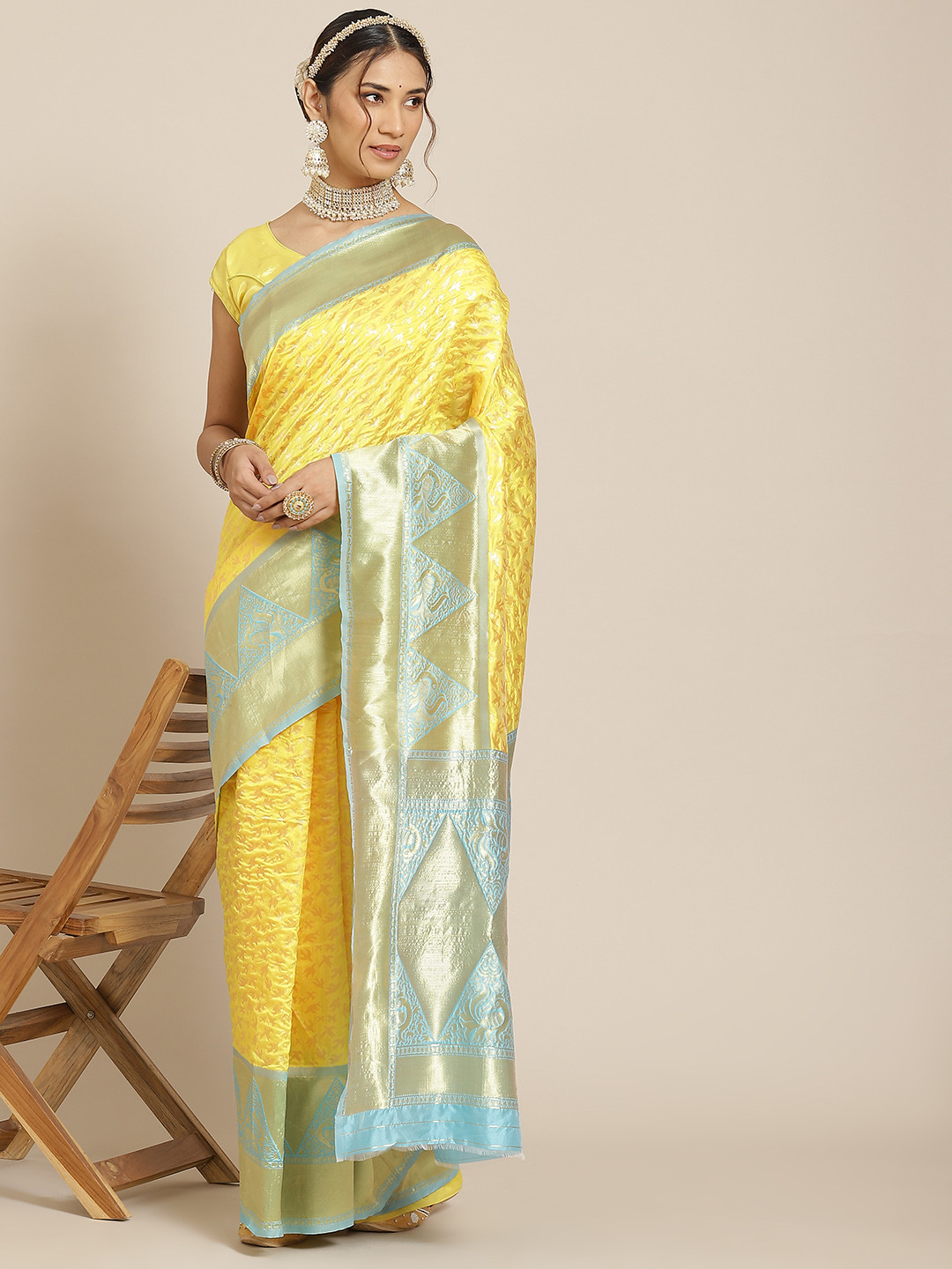 Warthy Ent Yellow & Blue Ethnic Motifs Zari Silk Blend Kanjeevaram Saree