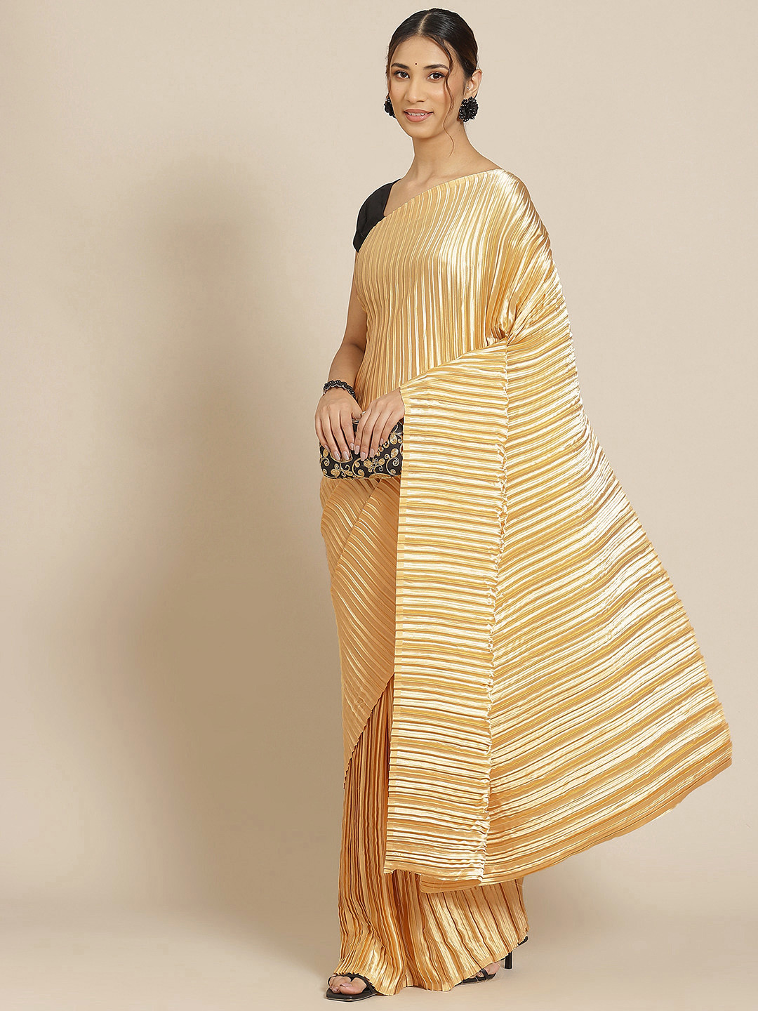 Warthy Ent Golden Solid Accordion Pleated Satin Mysore Silk Saree