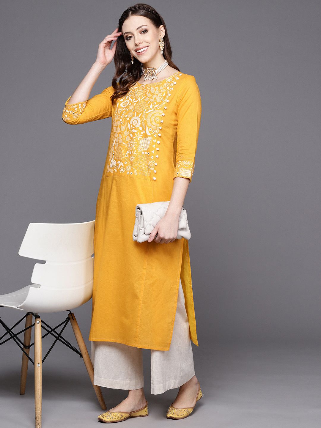 Varanga Women Mustard Yellow & White Ethnic Motifs Kurta