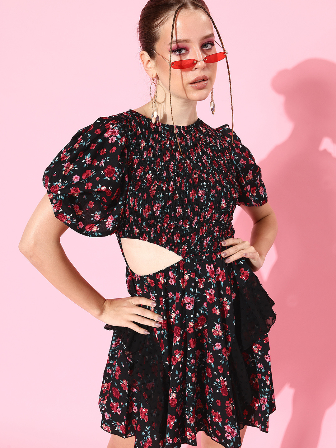 KASSUALLY Black & Red Floral Mini Crepe Dress