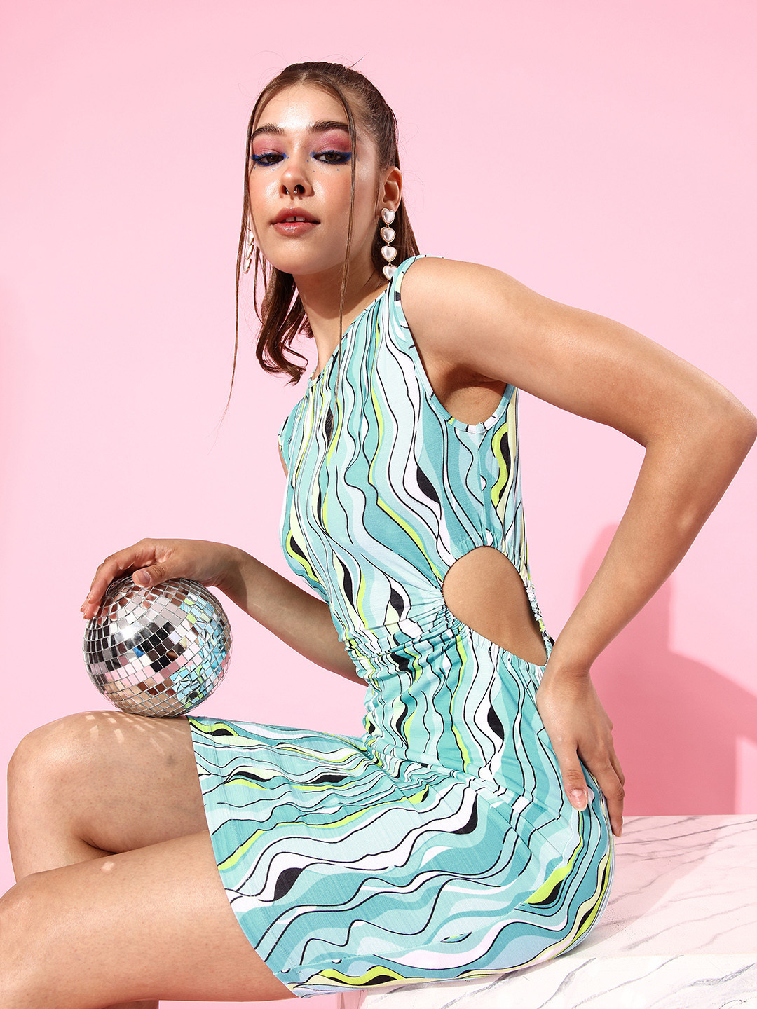 KASSUALLY Blue & Green Waist Cutout Bodycon Dress