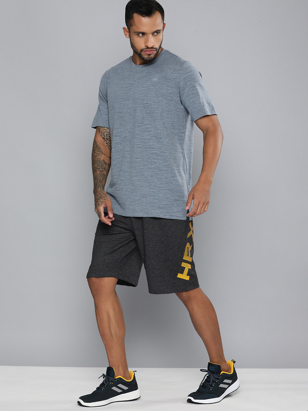 HRX by Hrithik Roshan Men Charcoal Grey & Mustard Yellow Typography Printed Shorts