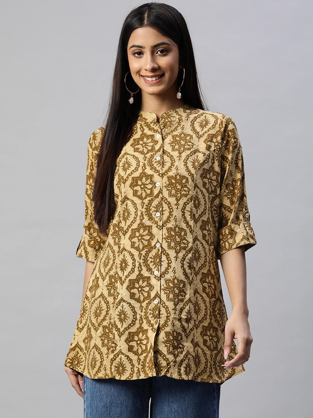 Divena Women Beige & Brown Printed Shirt Style Top