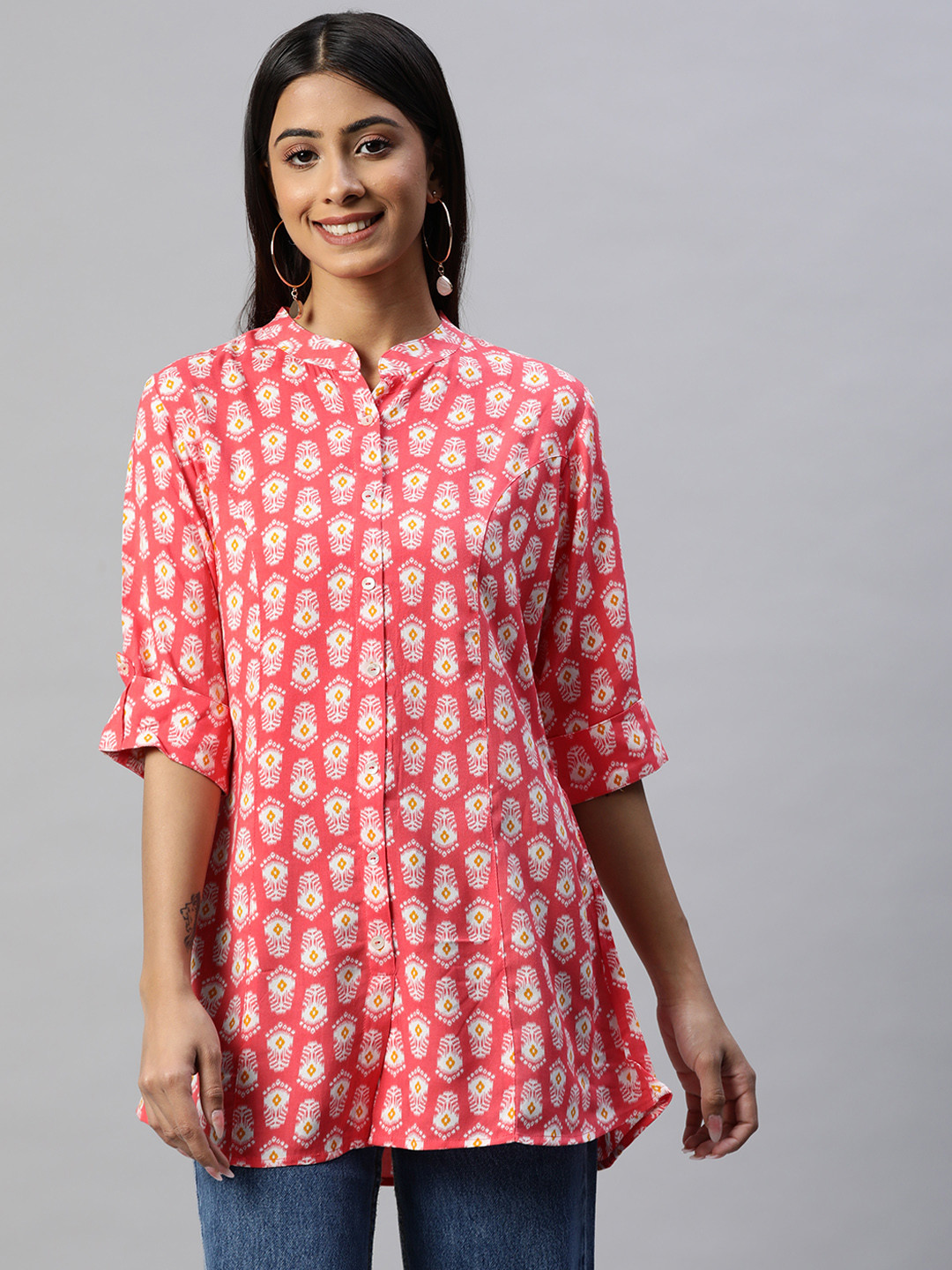 Divena Women Pink & White Printed Shirt Style Top