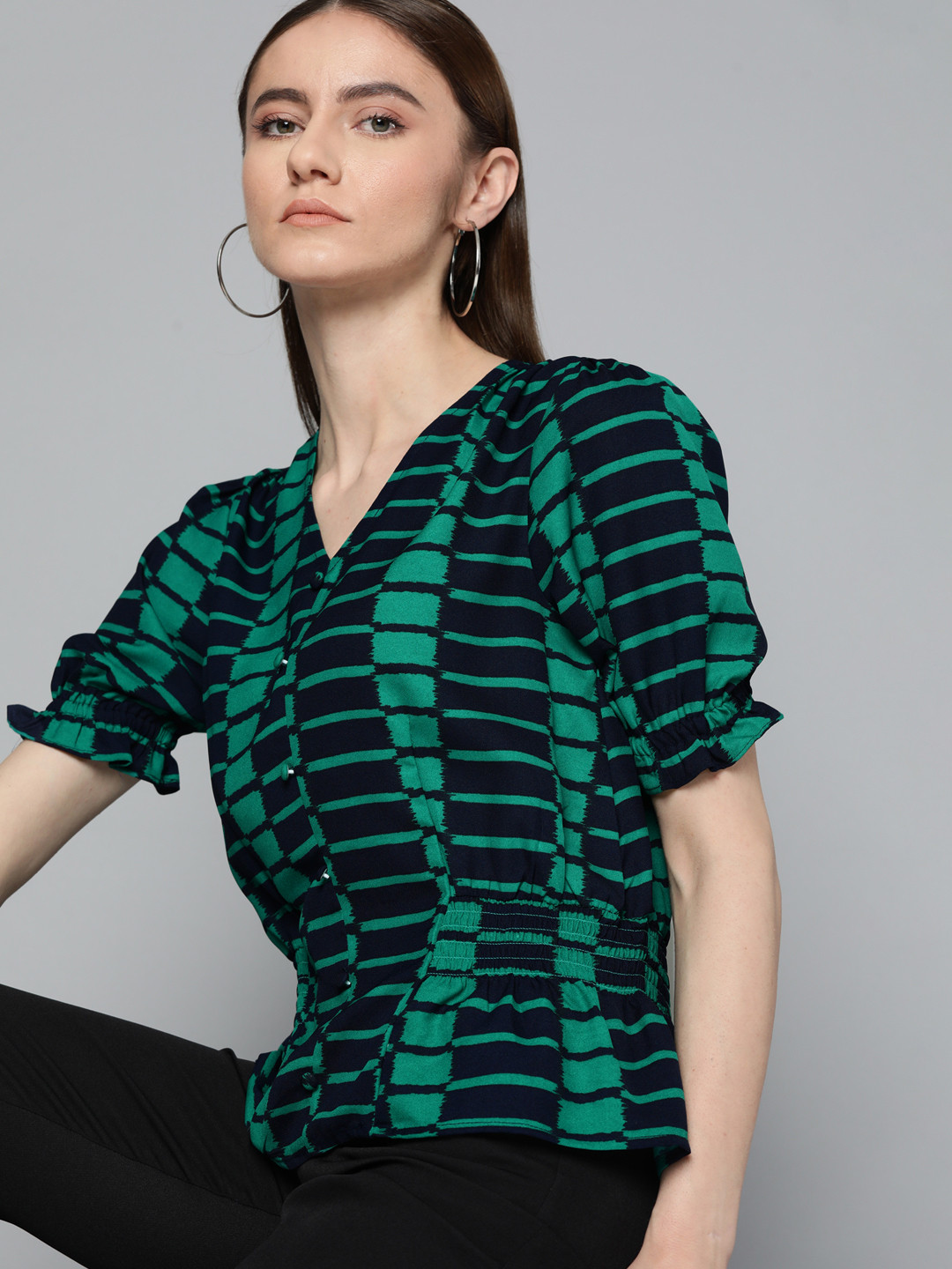 Chemistry Striped Smocked Detailed Cinched Waist Top