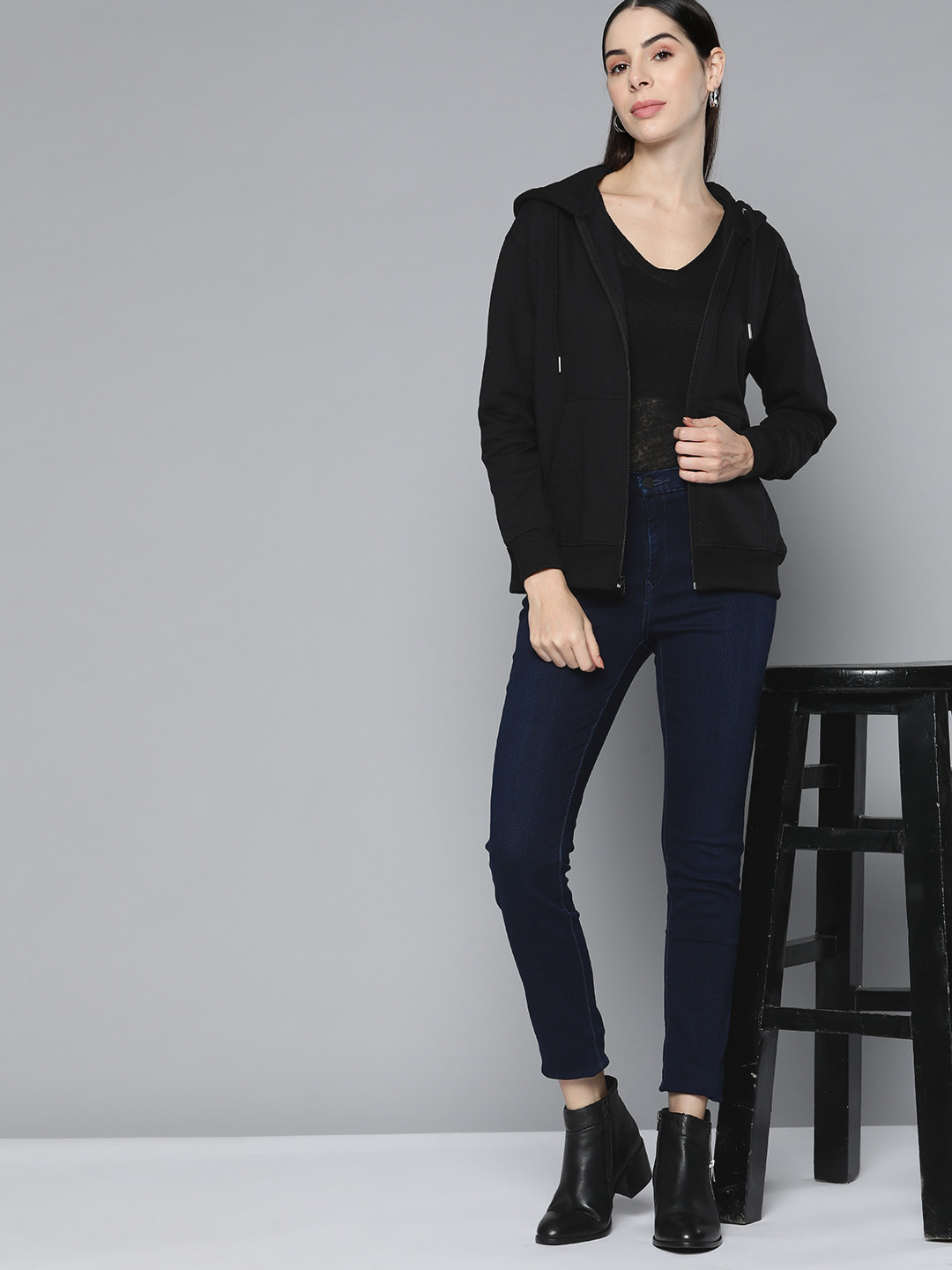 Chemistry Women Black Hooded Front Open Sweatshirt