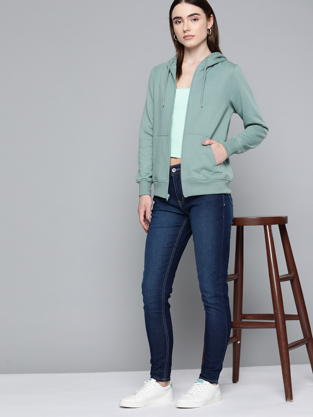 Chemistry Women Green Solid Hooded Front Open Sweatshirt