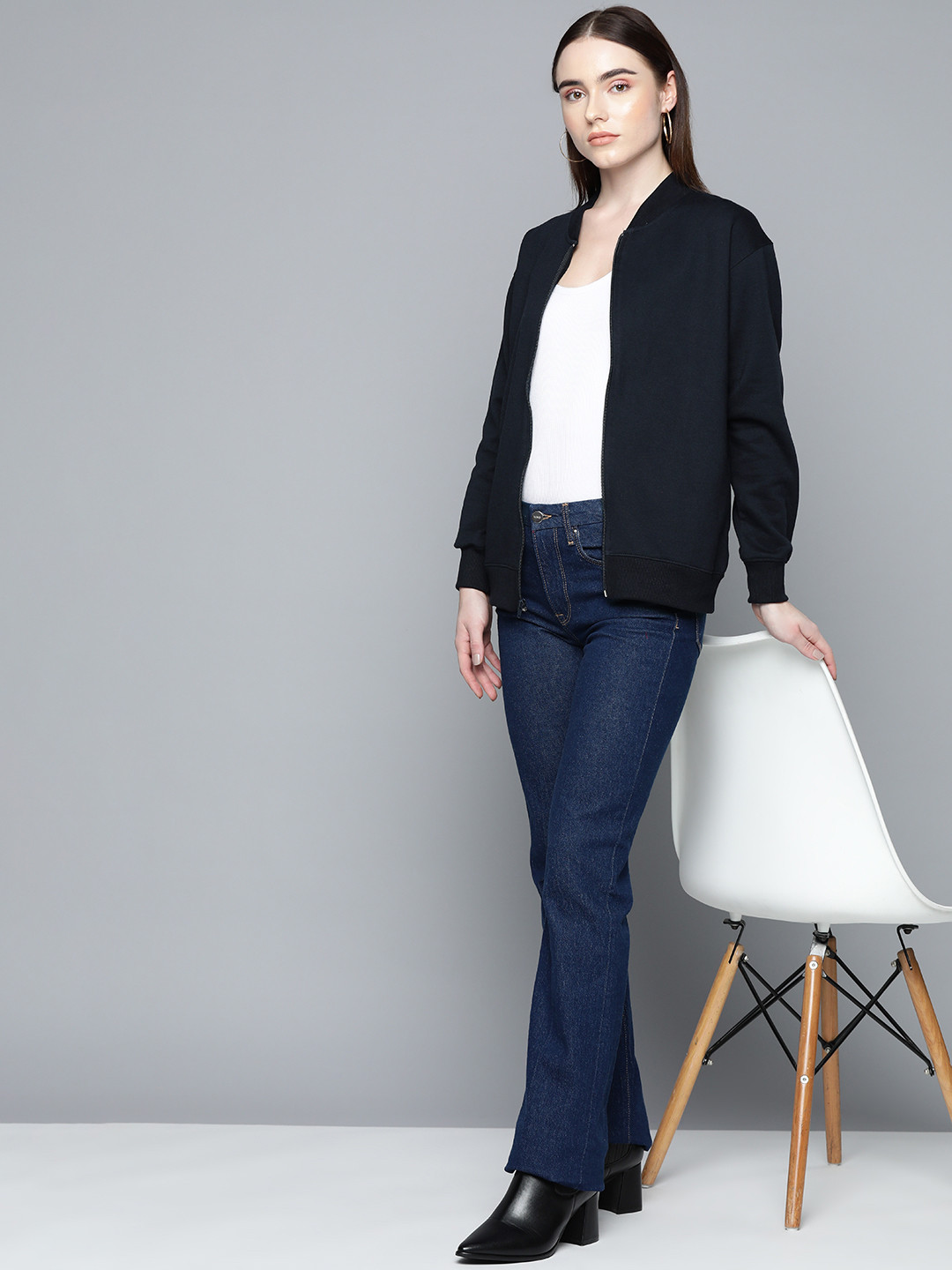 Chemistry Women Solid Bomber Collar Fleece Sweatshirt