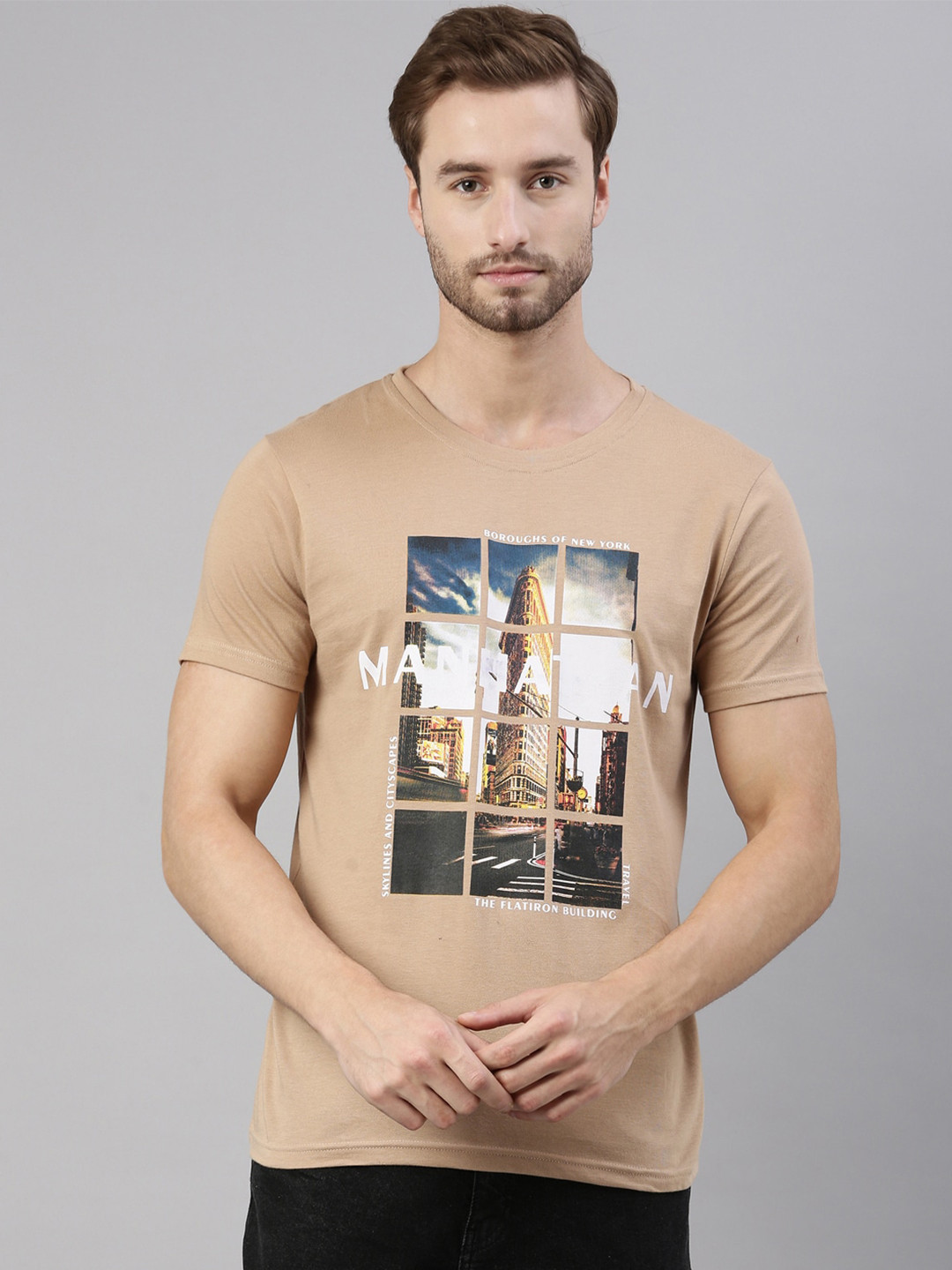 Joven Men Brown Printed Pure Cotton T-Shirt