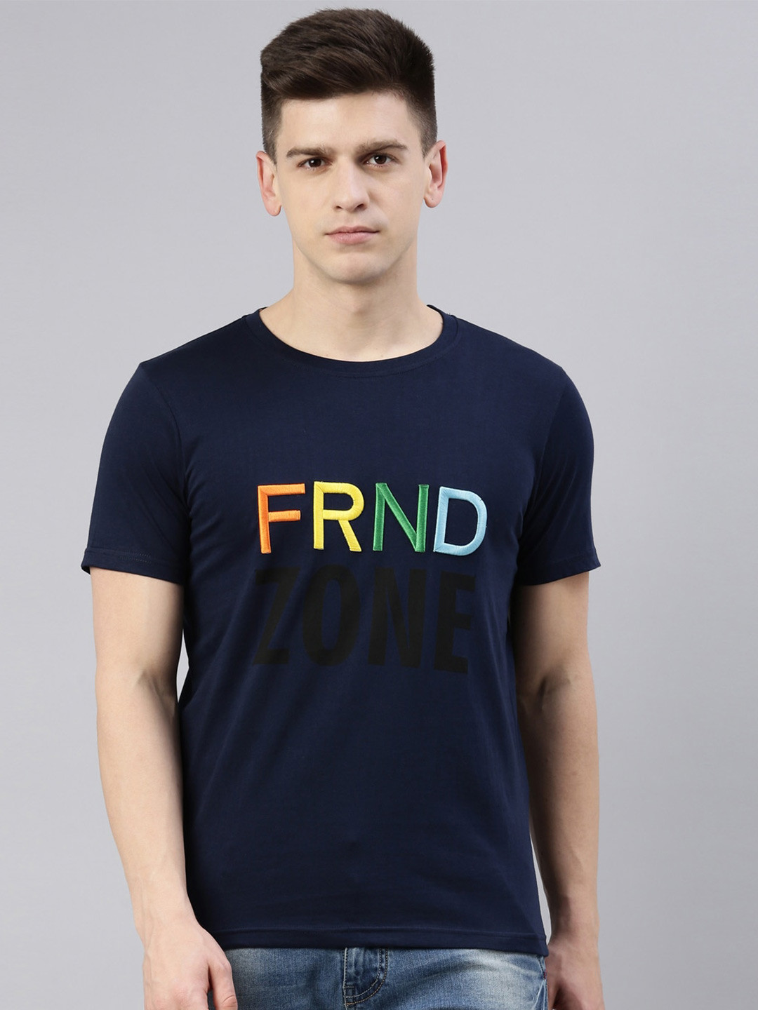 Joven Men Navy Blue Typography Printed Pure Cotton T-Shirt