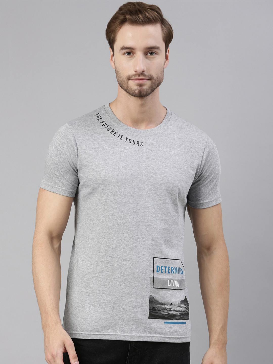 Joven Men Grey Pure Cotton T-Shirt