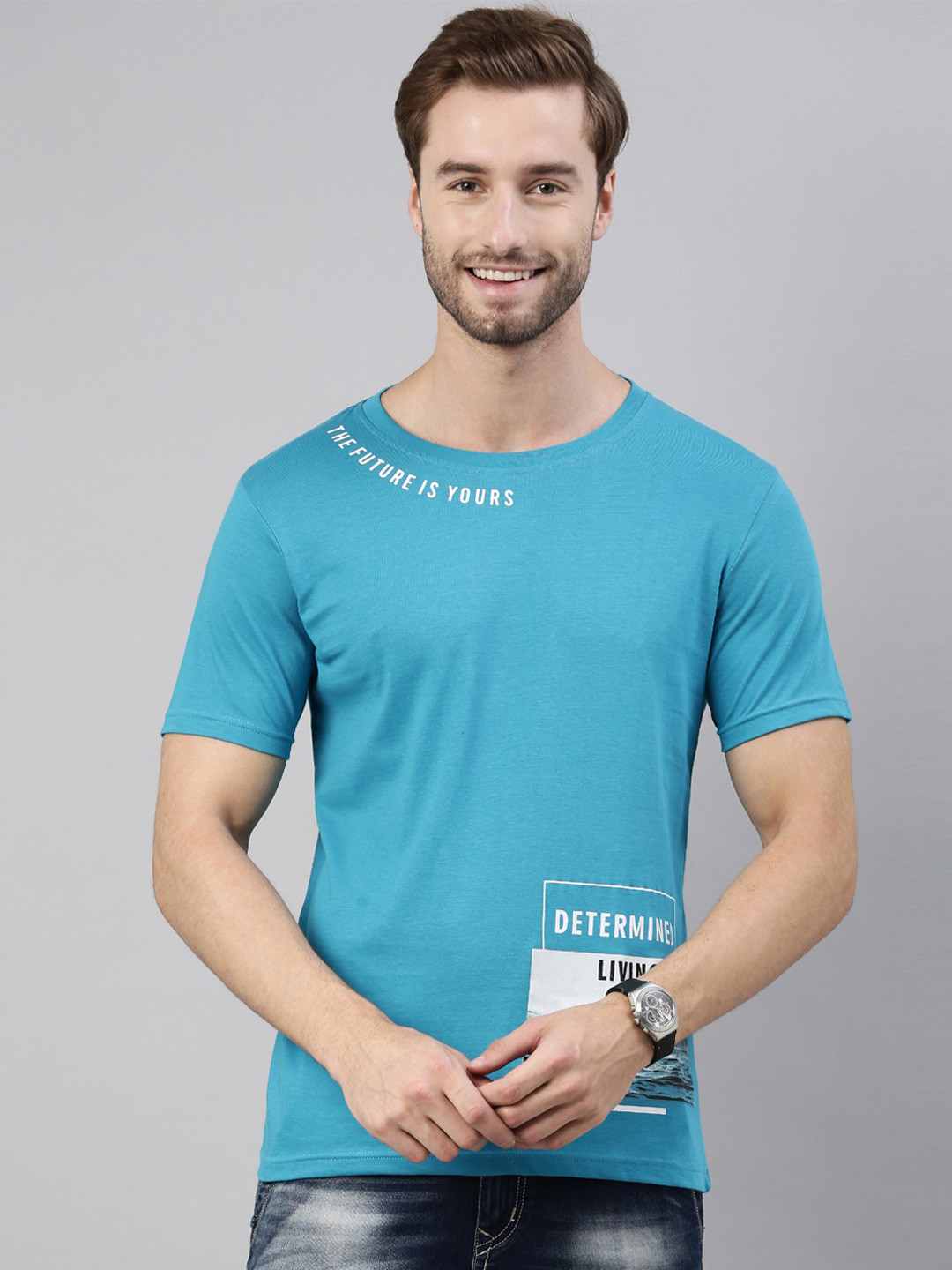 Joven Men Blue Typography Pure Cotton T-Shirt
