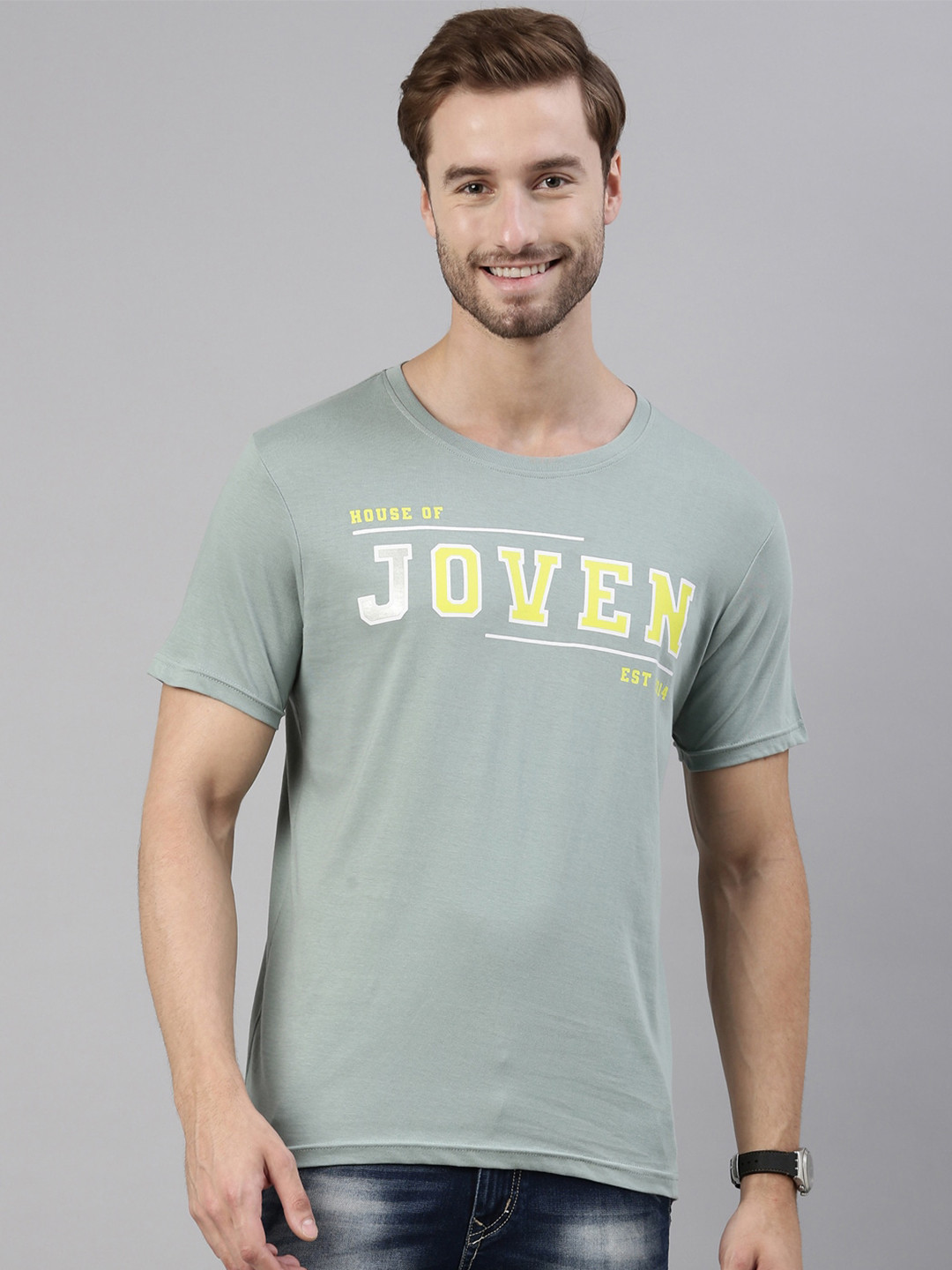 Joven Men Green Typography Printed Pure Cotton T-Shirt