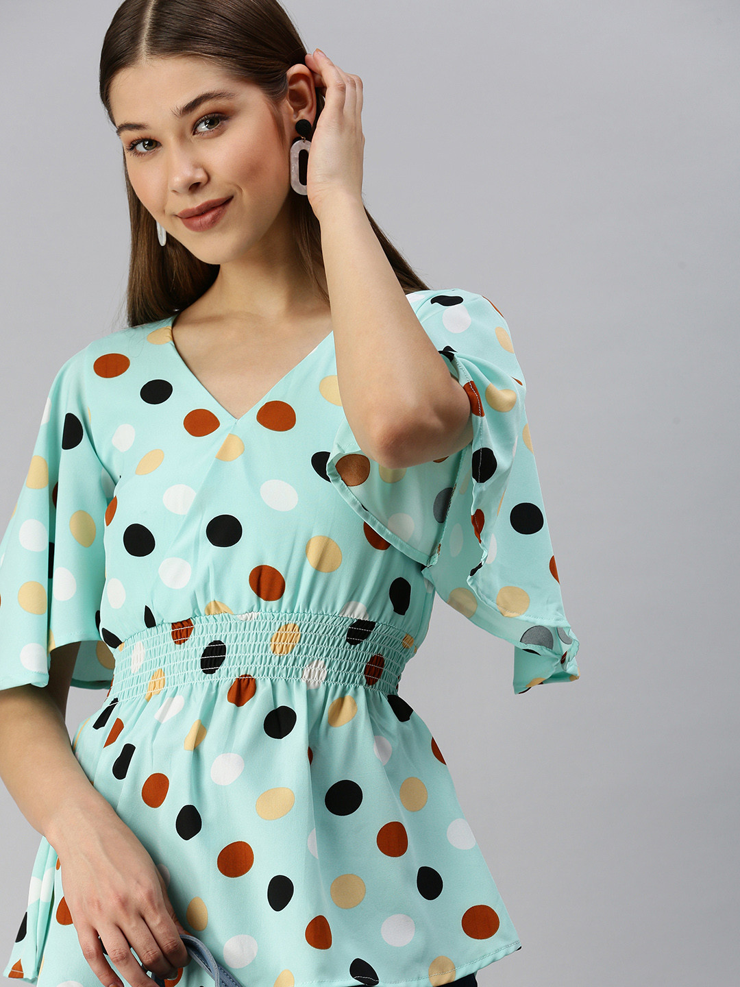 SHOWOFF Sea Green Print Crepe Cinched Waist Top
