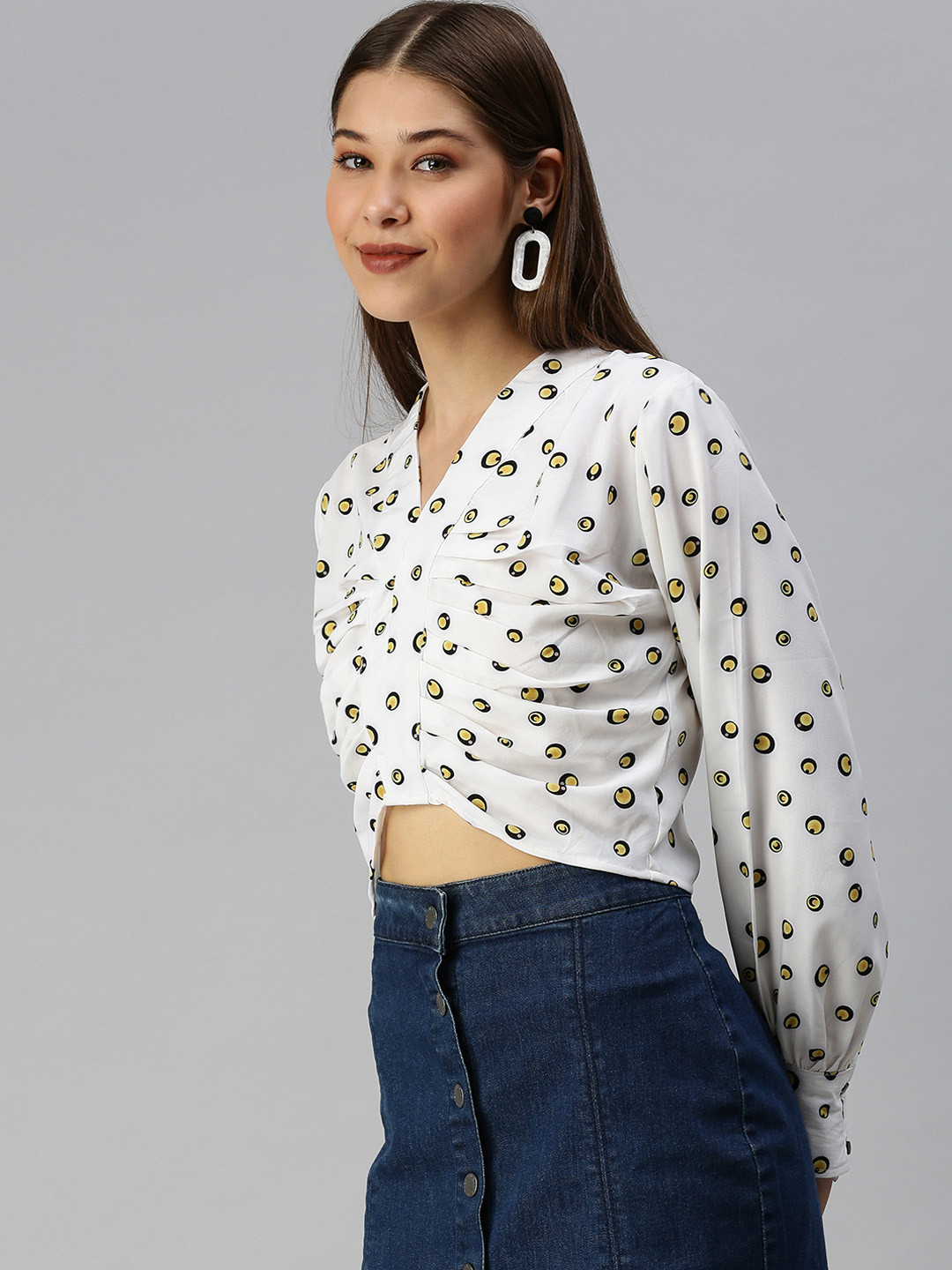 SHOWOFF Off White Print Crepe Crop Top