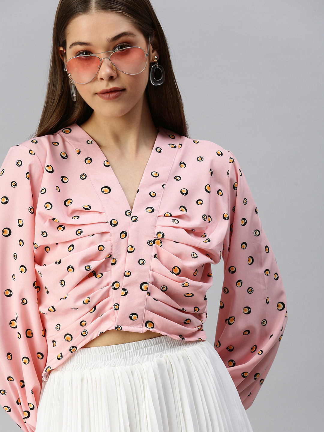 SHOWOFF Pink Print Crepe Wrap Crop Top
