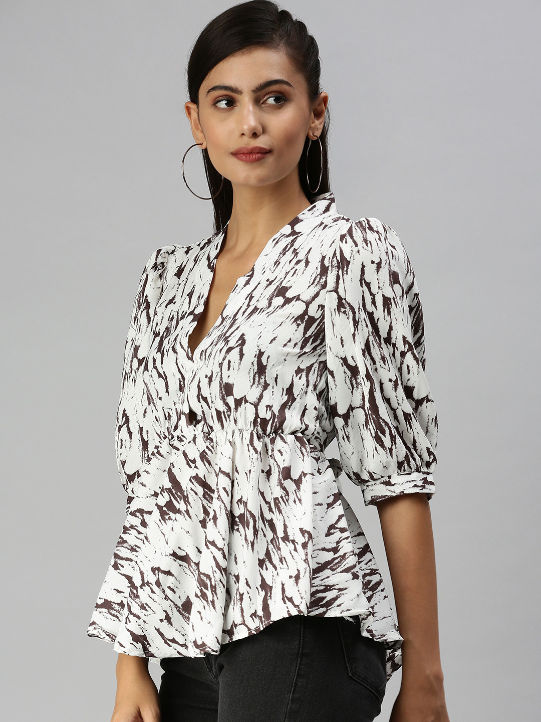 SHOWOFF Brown Animal Print Crepe Wrap Top