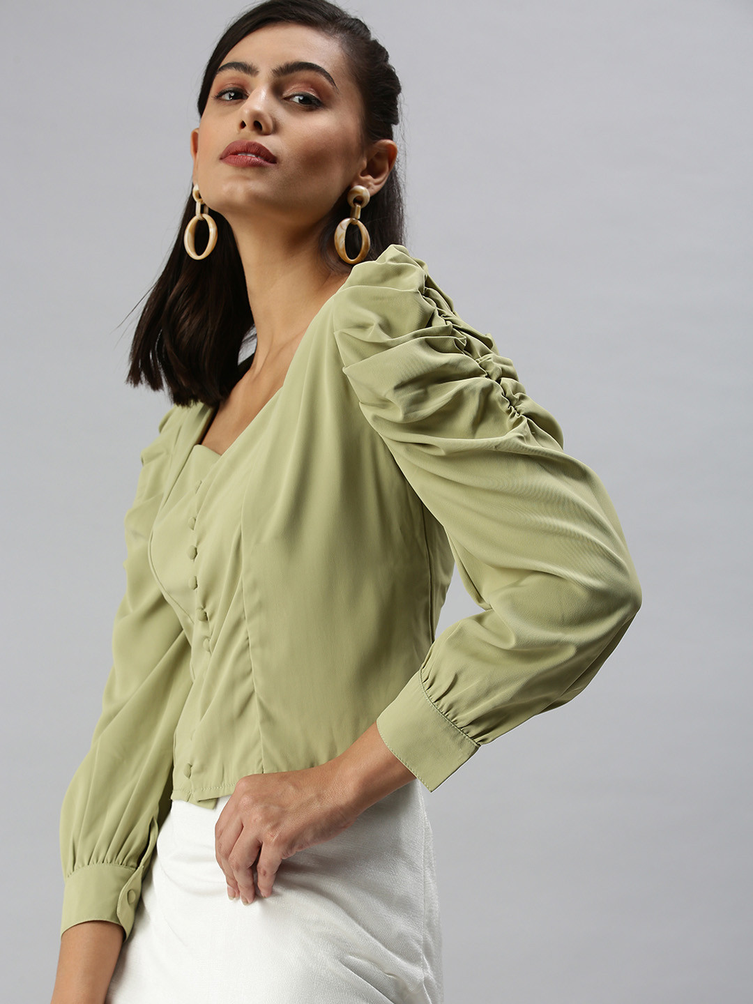 SHOWOFF Olive Green Crepe Wrap Top