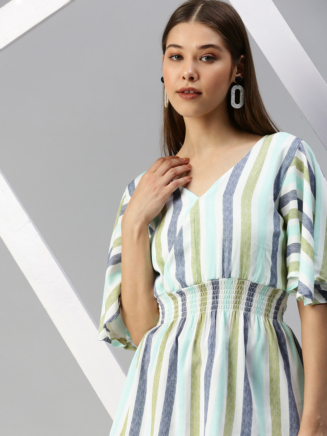 SHOWOFF Sea Green Striped Cinched Waist Top