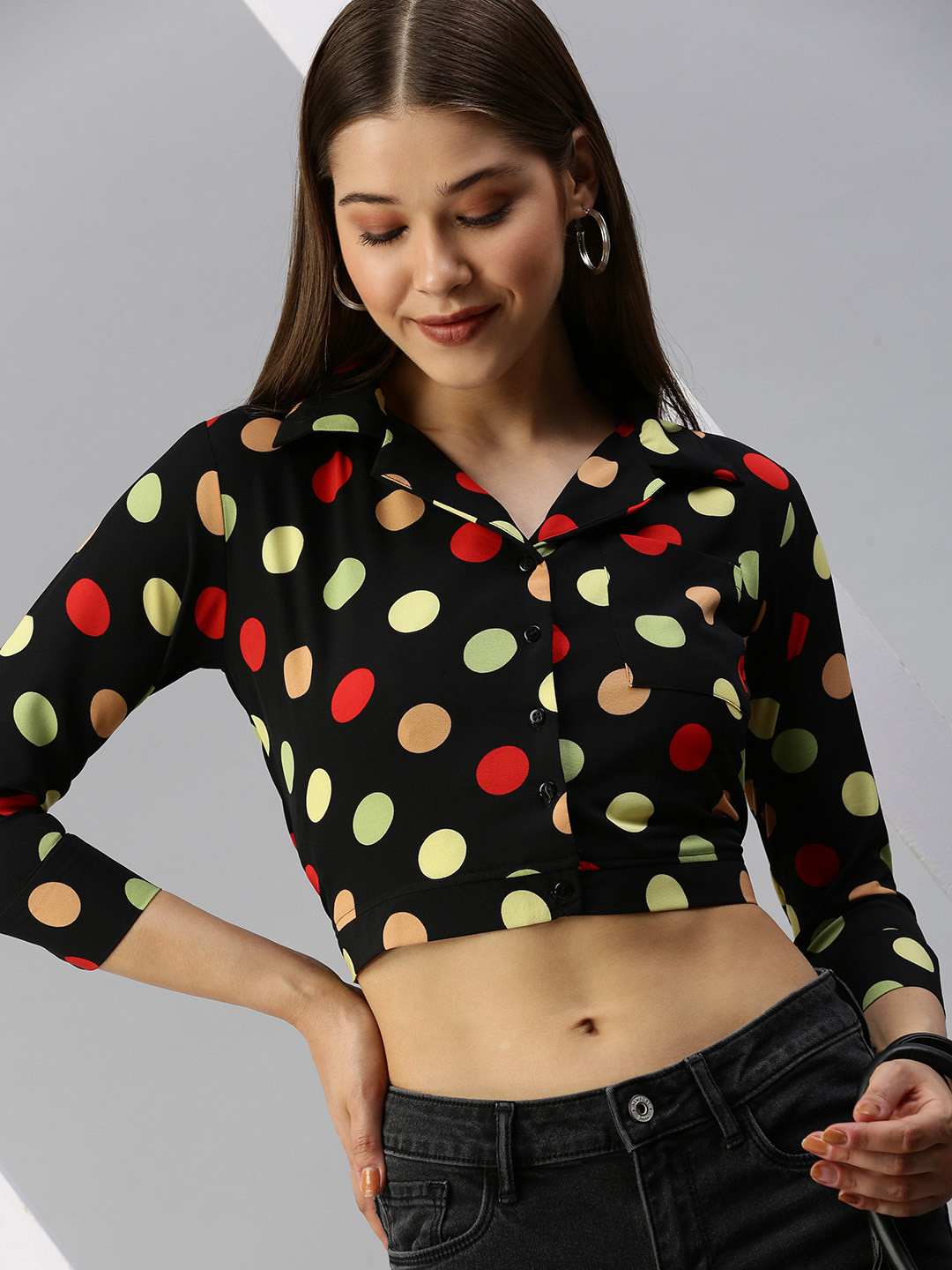 SHOWOFF Black Print Crepe Shirt Style Crop Top